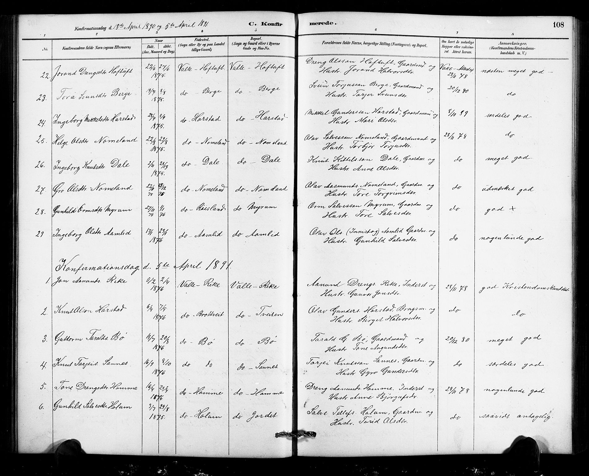 Valle sokneprestkontor, SAK/1111-0044/F/Fb/Fbc/L0004: Parish register (copy) no. B 4, 1890-1928, p. 108