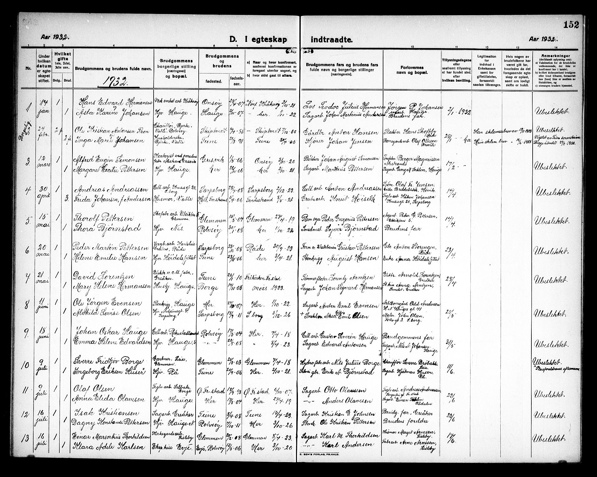 Rolvsøy prestekontor Kirkebøker, SAO/A-2004/G/Ga/L0002: Parish register (copy) no. 2, 1920-1935, p. 152