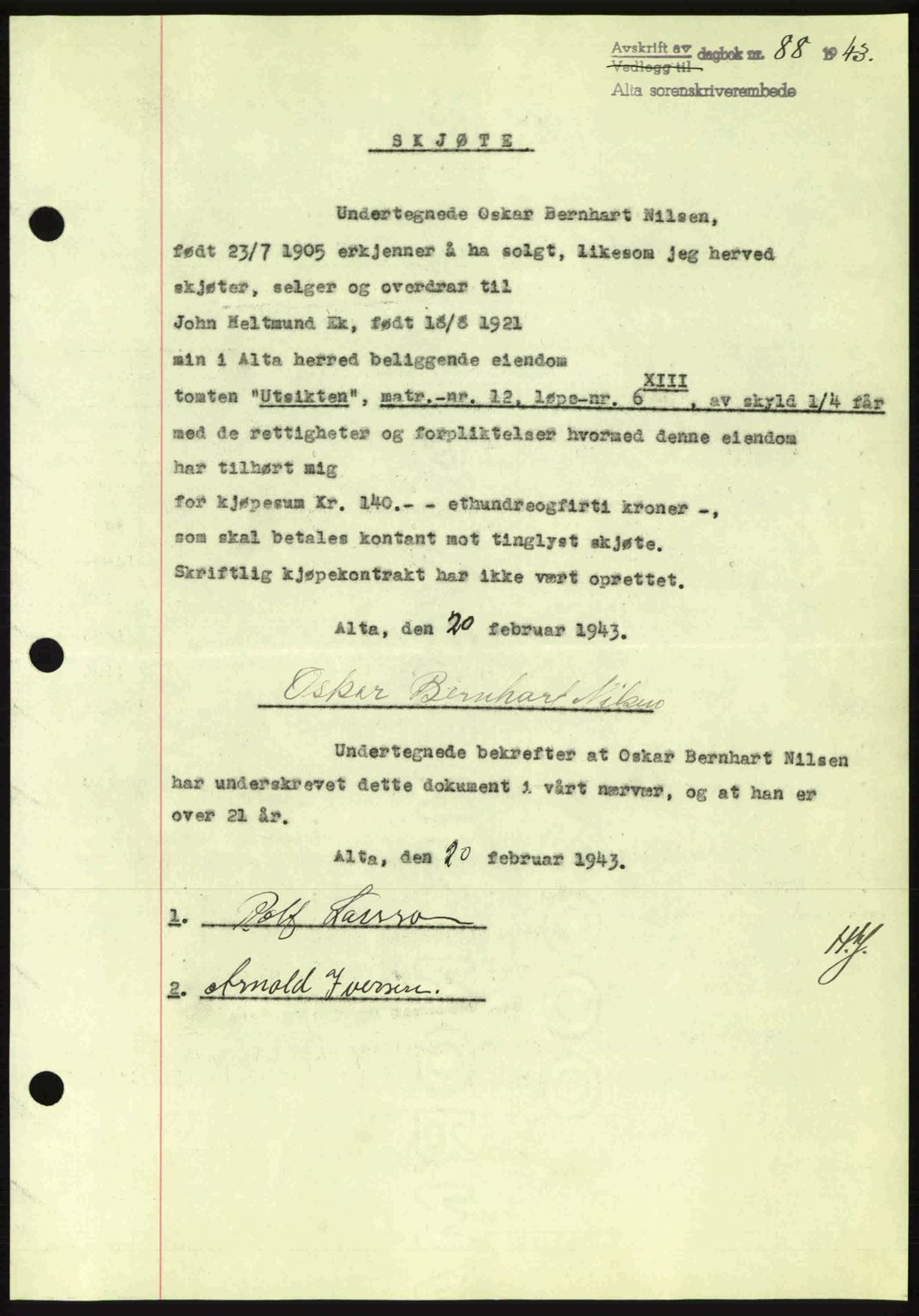 Alta fogderi/sorenskriveri, SATØ/SATØ-5/1/K/Kd/L0033pantebok: Mortgage book no. 33, 1940-1943, Diary no: : 88/1943