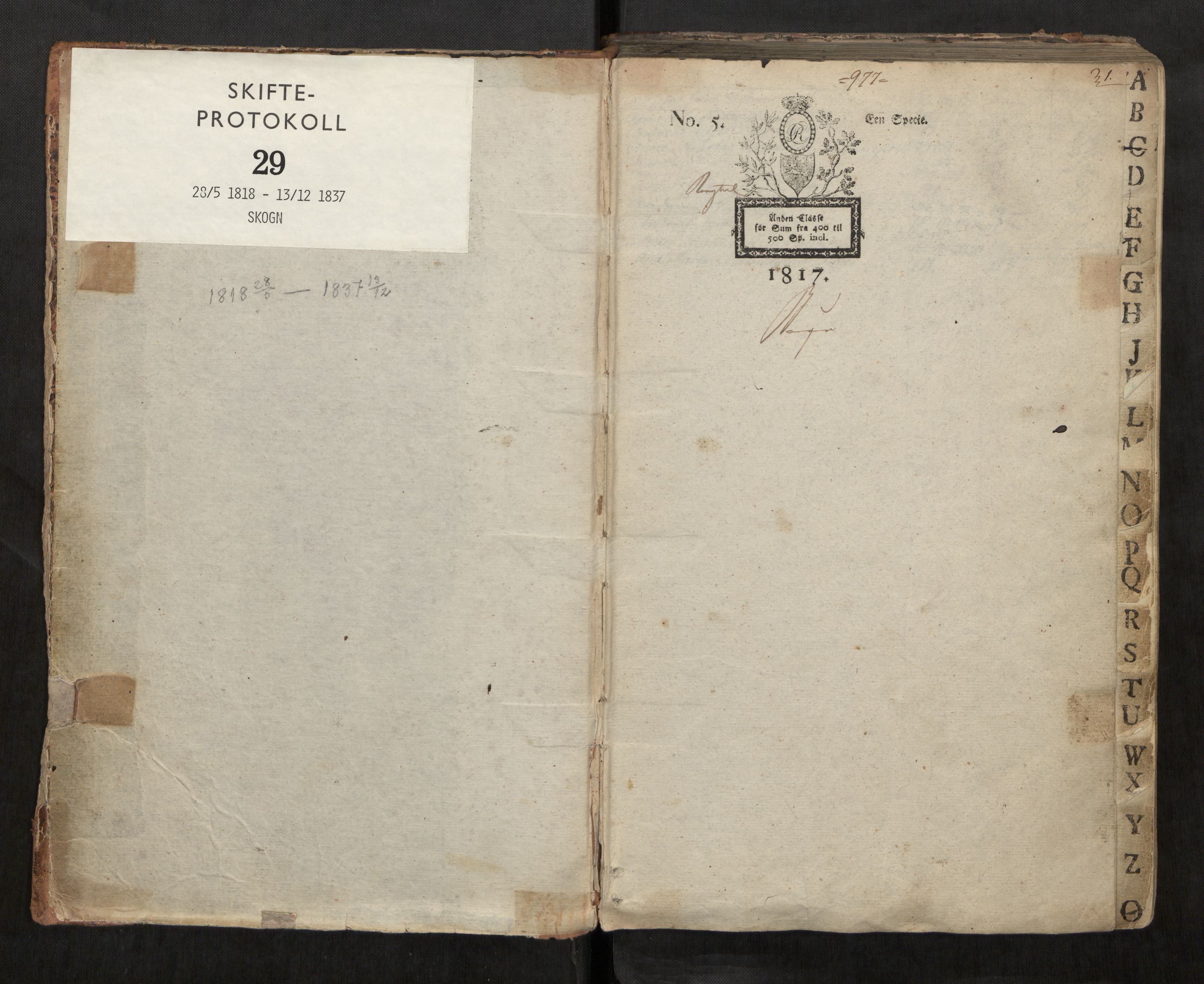 Stjør- og Verdal sorenskriveri, AV/SAT-A-4167/1/3/3A/L0034: Skifteprotokoll 29, 1818-1837, p. 1