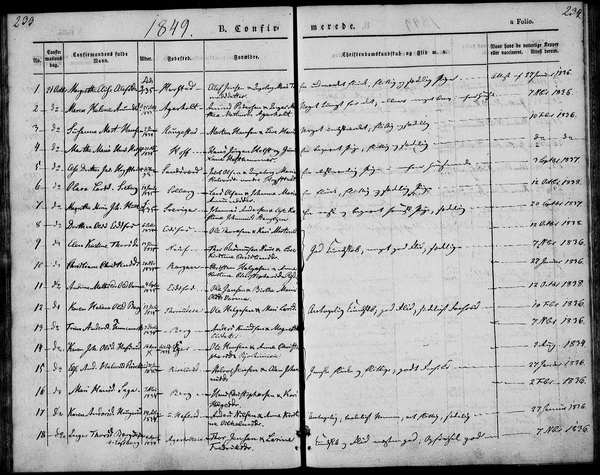 Hof kirkebøker, AV/SAKO-A-64/F/Fa/L0005: Parish register (official) no. I 5, 1844-1851, p. 233-234