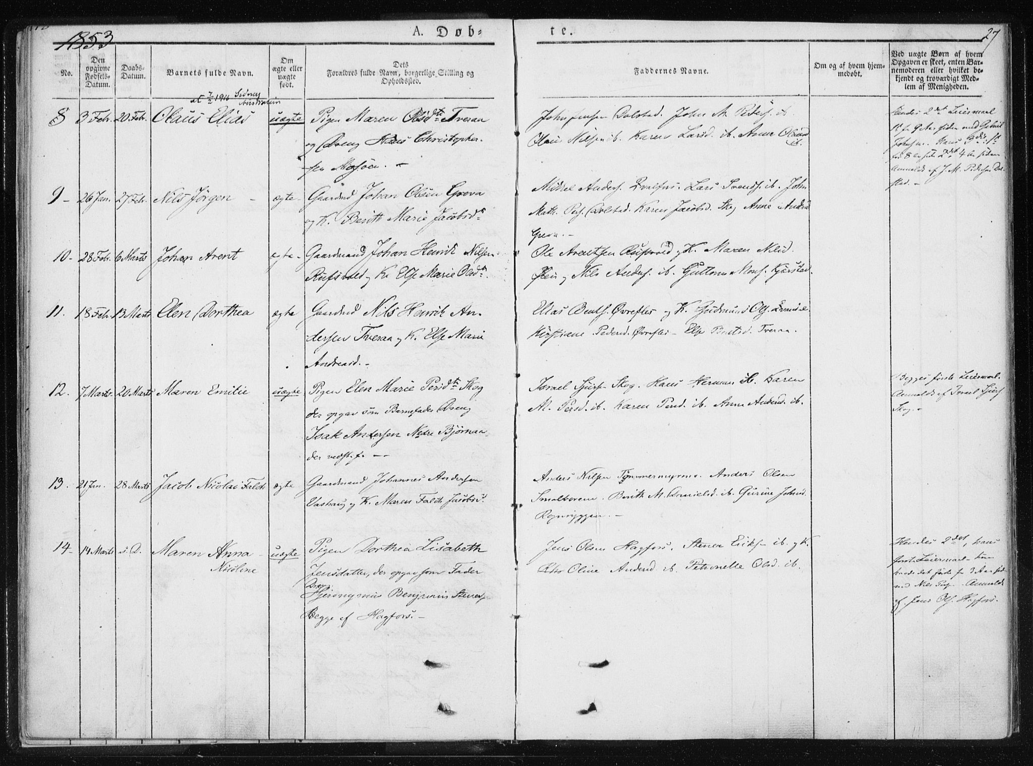 Ministerialprotokoller, klokkerbøker og fødselsregistre - Nordland, AV/SAT-A-1459/820/L0292: Parish register (official) no. 820A13, 1851-1854, p. 27