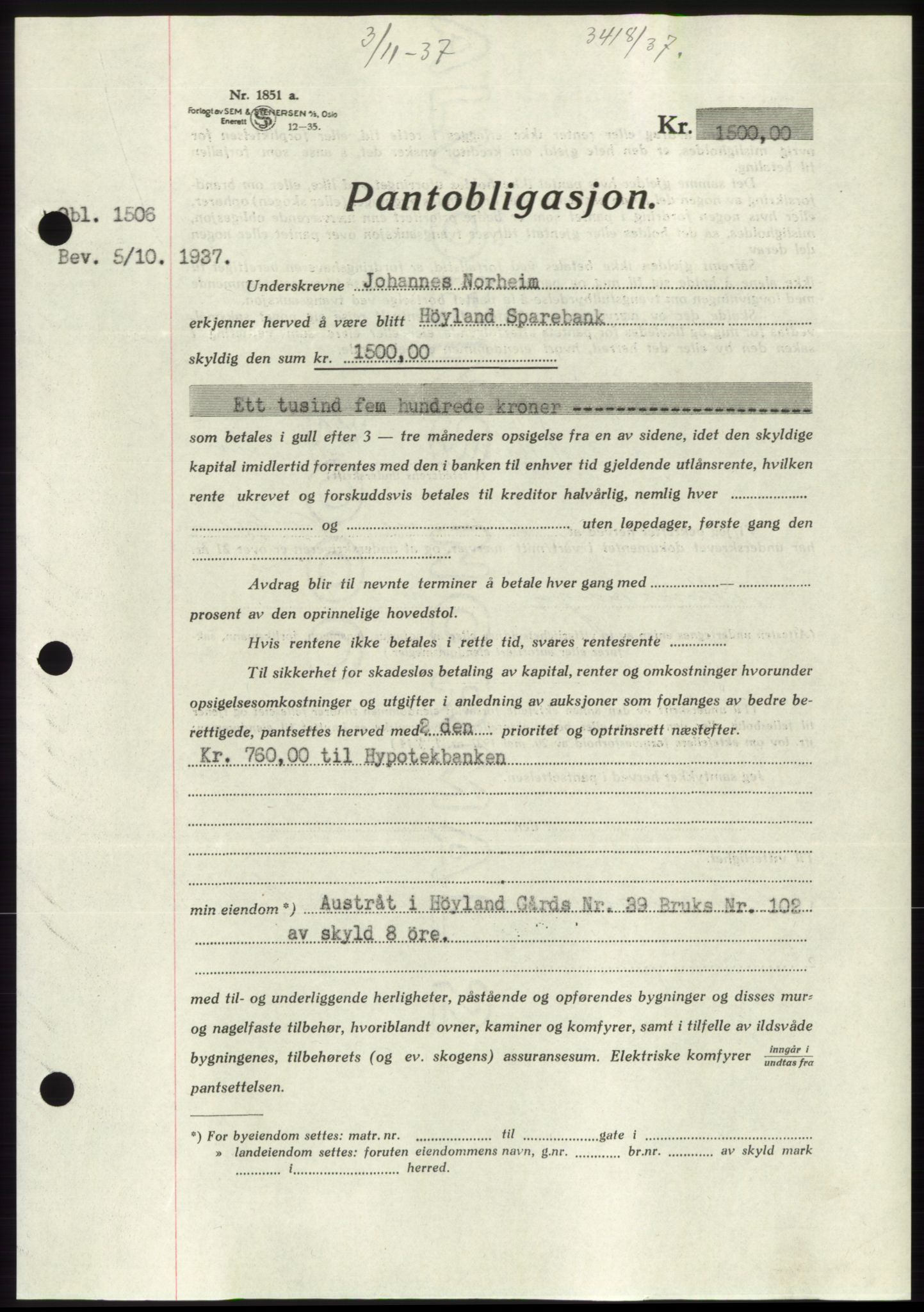 Jæren sorenskriveri, SAST/A-100310/03/G/Gba/L0069: Mortgage book, 1937-1937, Diary no: : 3418/1937