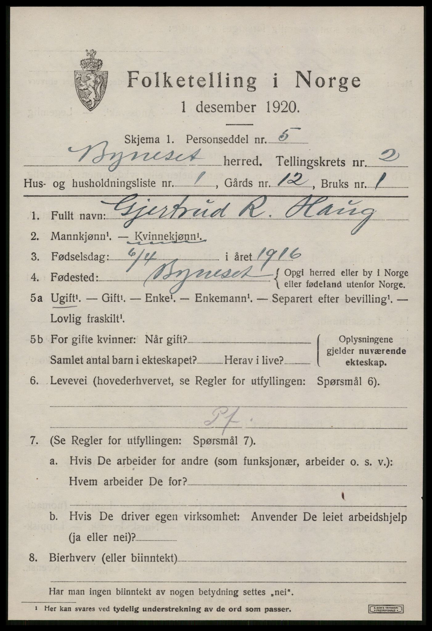 SAT, 1920 census for Byneset, 1920, p. 1236