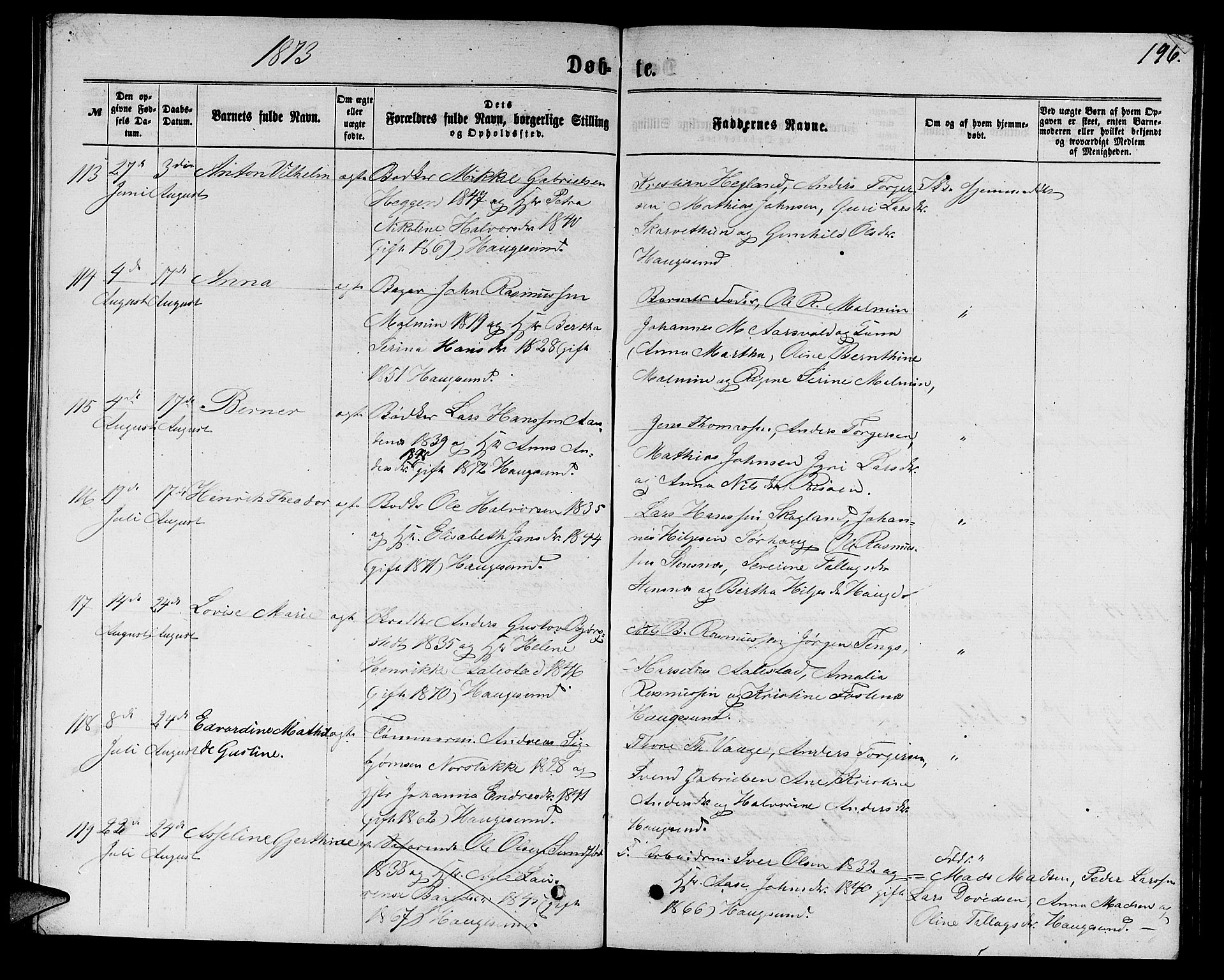 Torvastad sokneprestkontor, SAST/A -101857/H/Ha/Hab/L0007: Parish register (copy) no. B 7, 1866-1873, p. 196