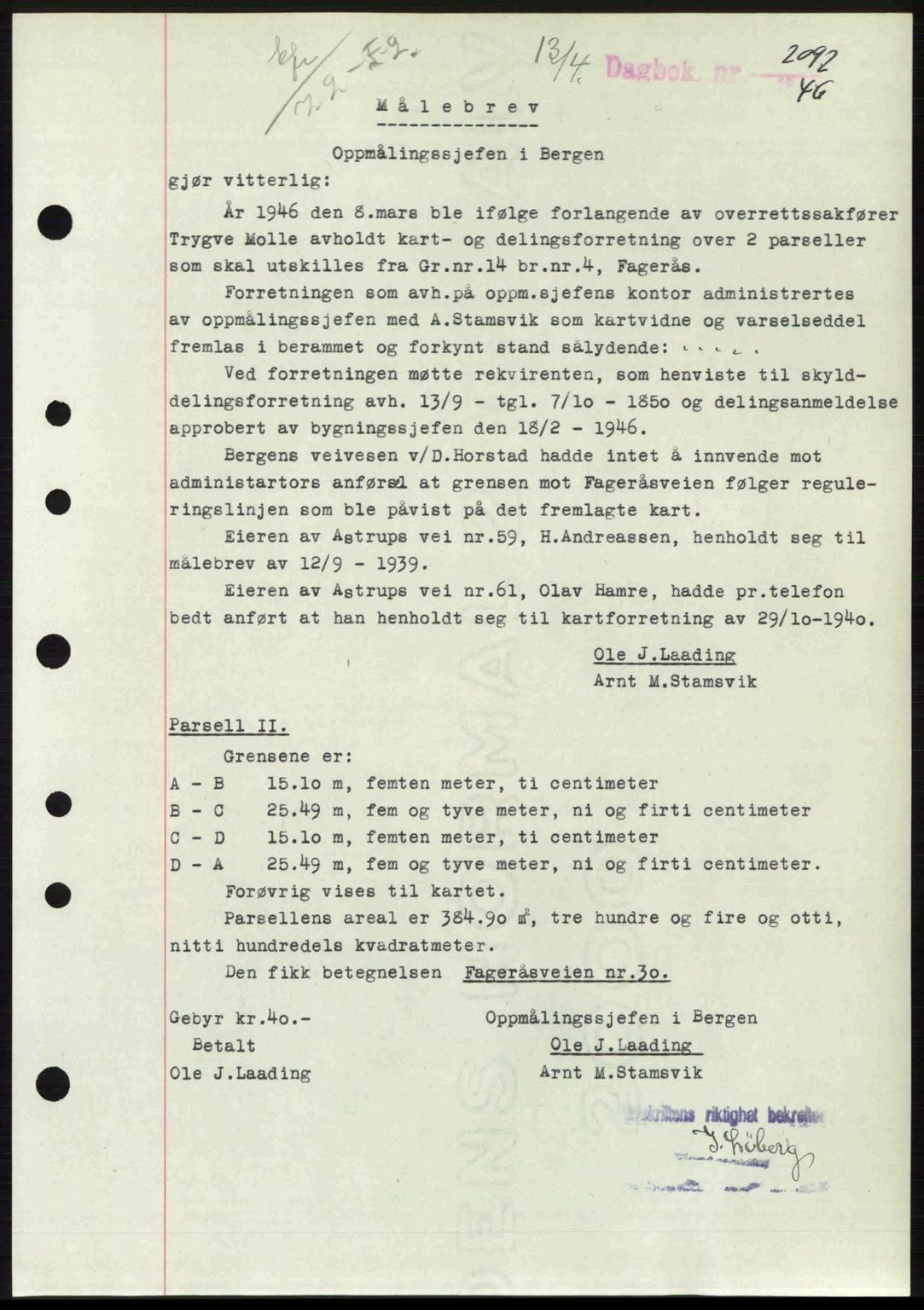 Byfogd og Byskriver i Bergen, SAB/A-3401/03/03Bc/L0022: Mortgage book no. A18, 1946-1946, Diary no: : 2092/1946