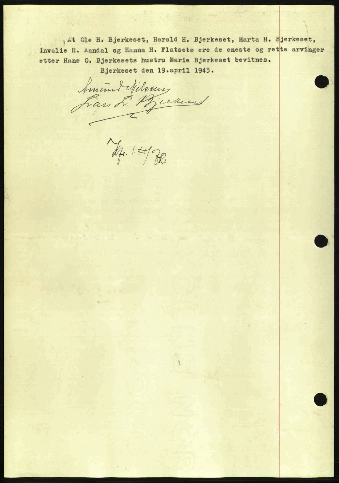 Nordmøre sorenskriveri, AV/SAT-A-4132/1/2/2Ca: Mortgage book no. A95, 1943-1943, Diary no: : 1132/1943