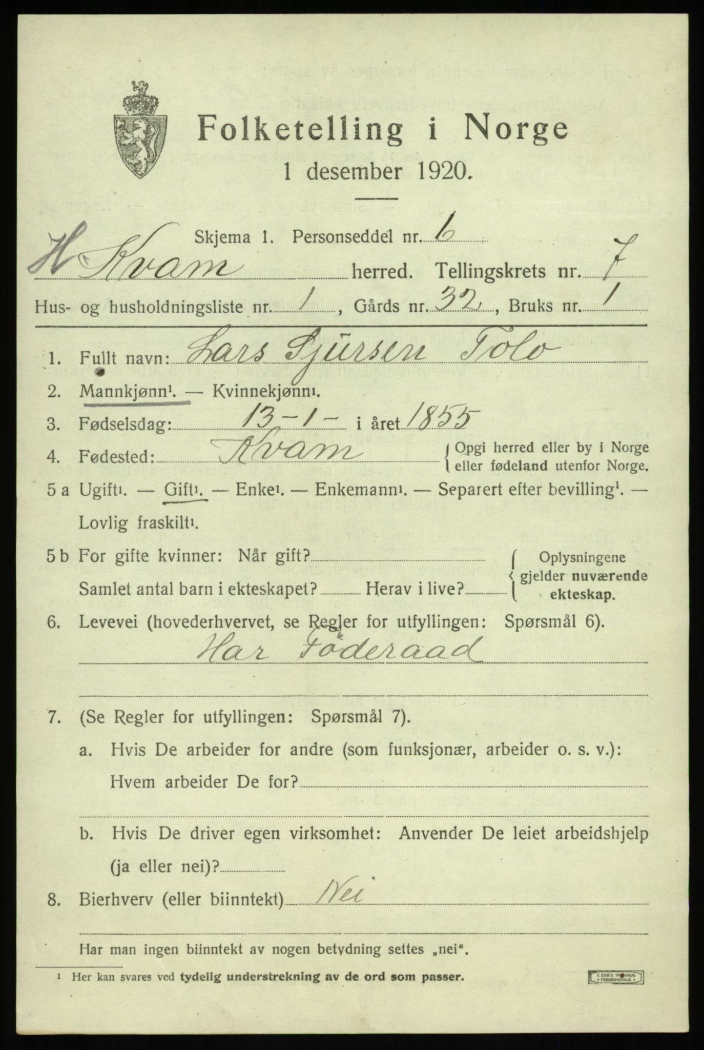 SAB, 1920 census for Kvam, 1920, p. 4743