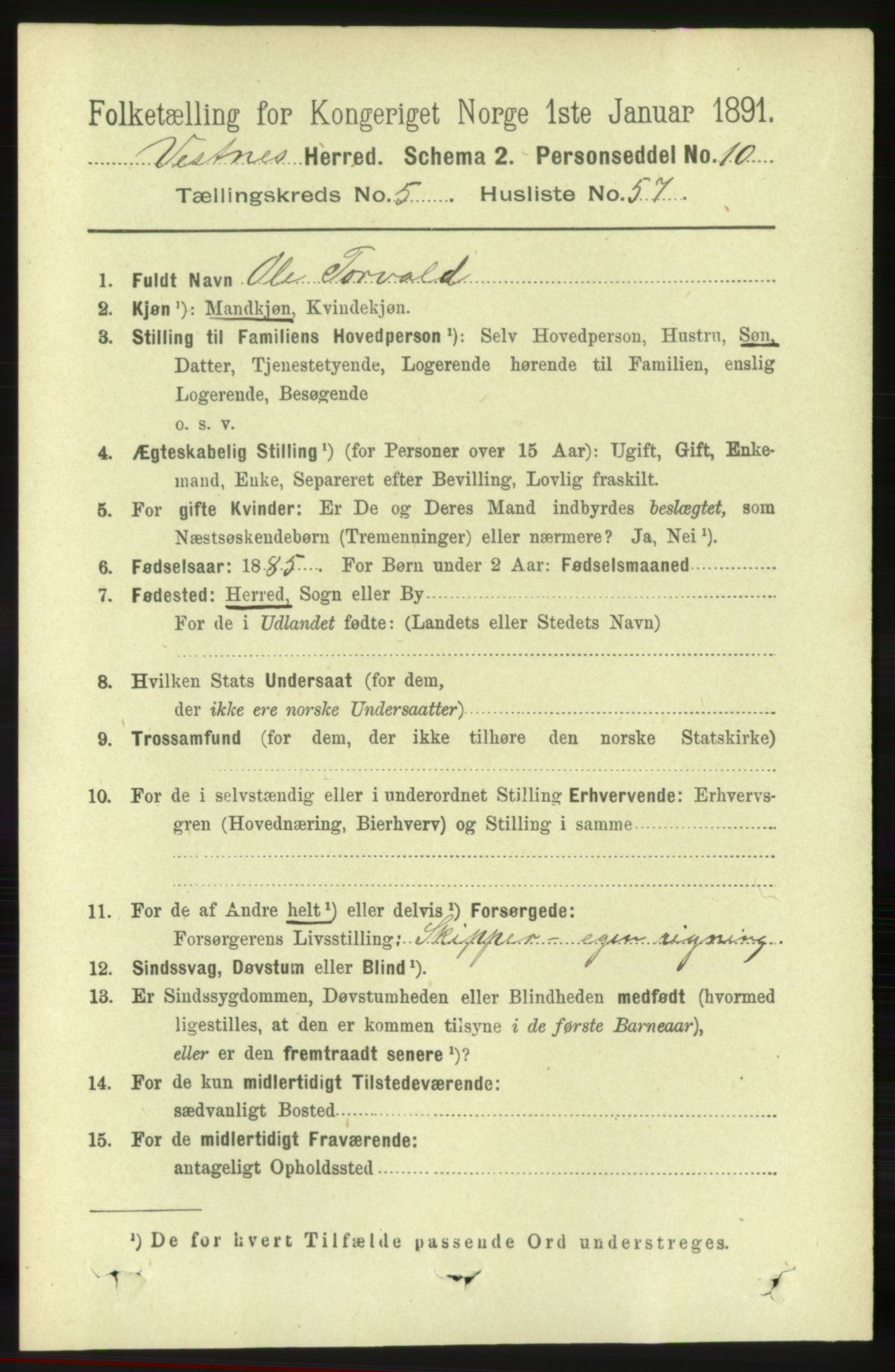 RA, 1891 census for 1535 Vestnes, 1891, p. 2116