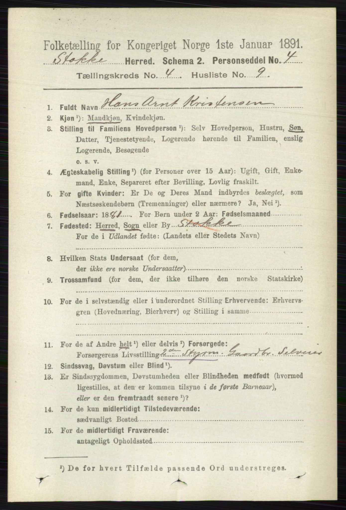 RA, 1891 census for 0720 Stokke, 1891, p. 2487