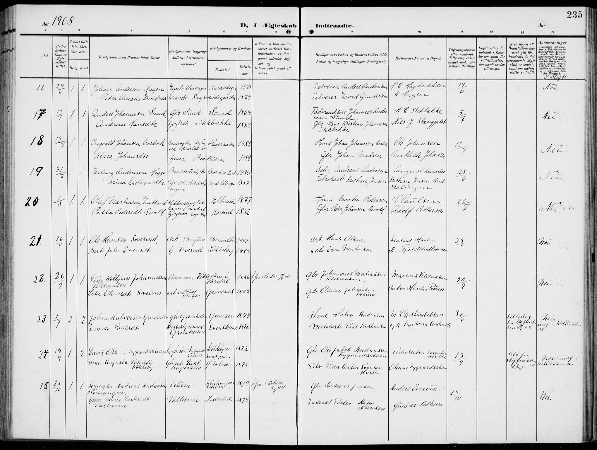 Vestre Toten prestekontor, AV/SAH-PREST-108/H/Ha/Haa/L0014: Parish register (official) no. 14, 1907-1920, p. 235