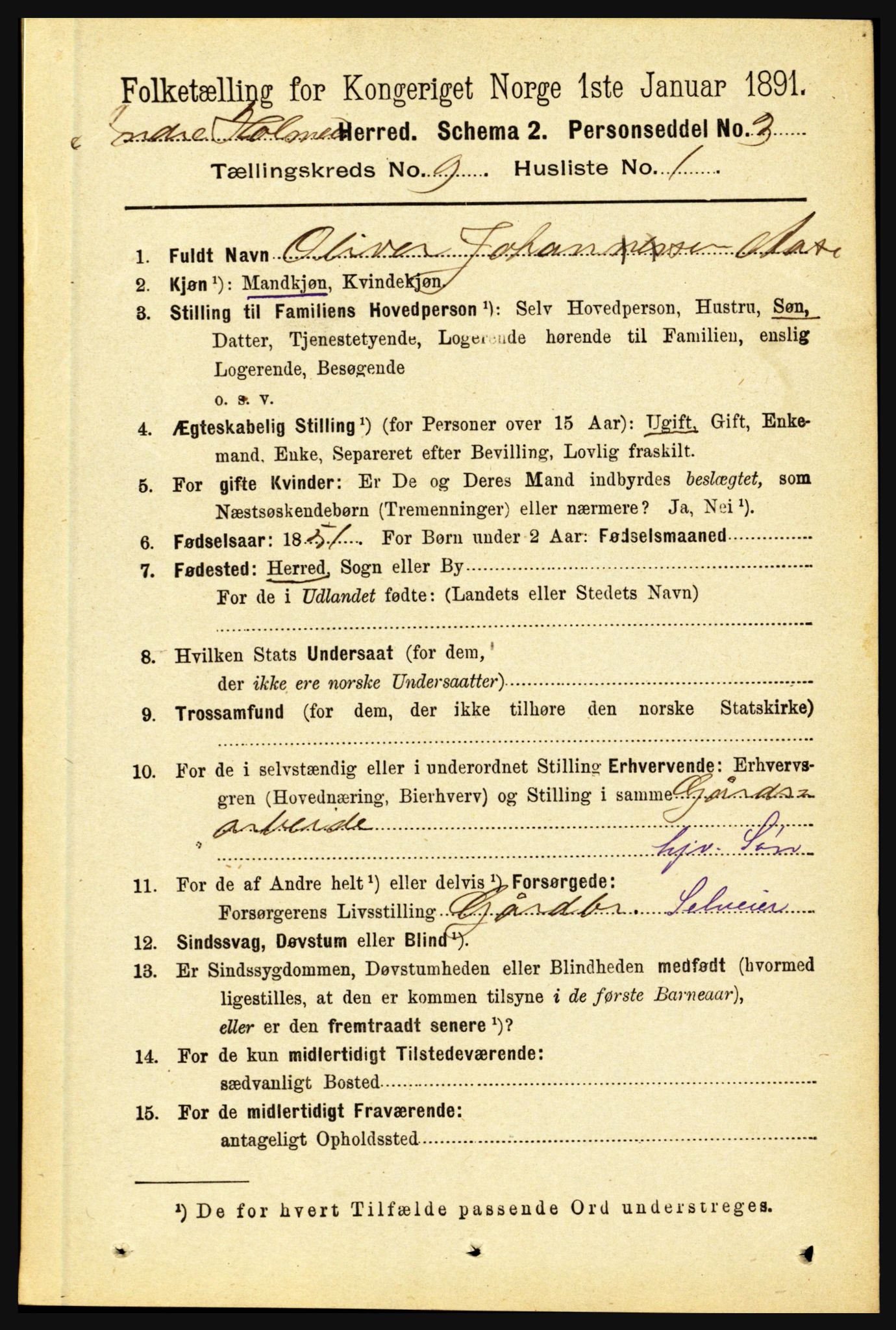 RA, 1891 census for 1430 Indre Holmedal, 1891, p. 4025