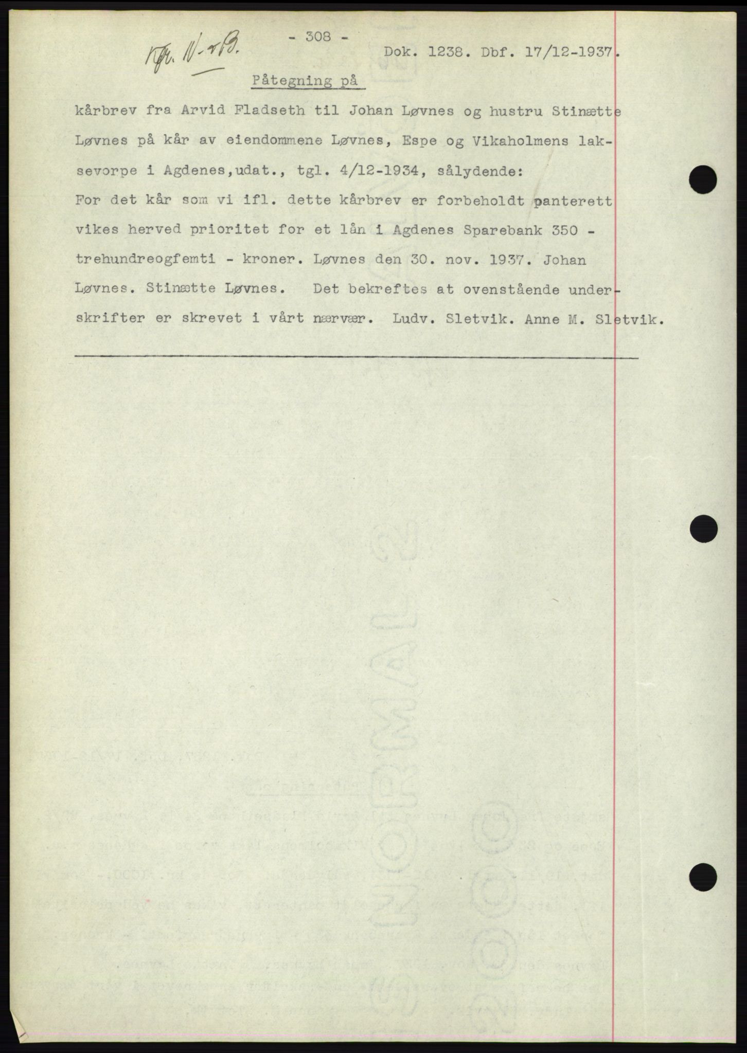 Hitra sorenskriveri, AV/SAT-A-0018/2/2C/2Ca: Mortgage book no. C1, 1936-1945, Diary no: : 1238/1937