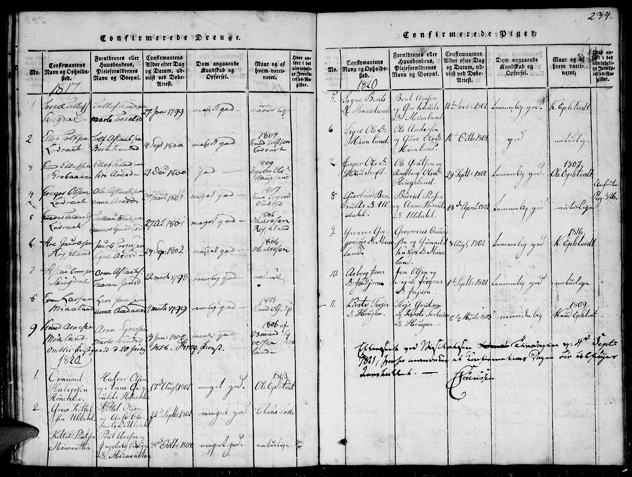 Herefoss sokneprestkontor, SAK/1111-0019/F/Fb/Fbc/L0001: Parish register (copy) no. B 1, 1816-1866, p. 234