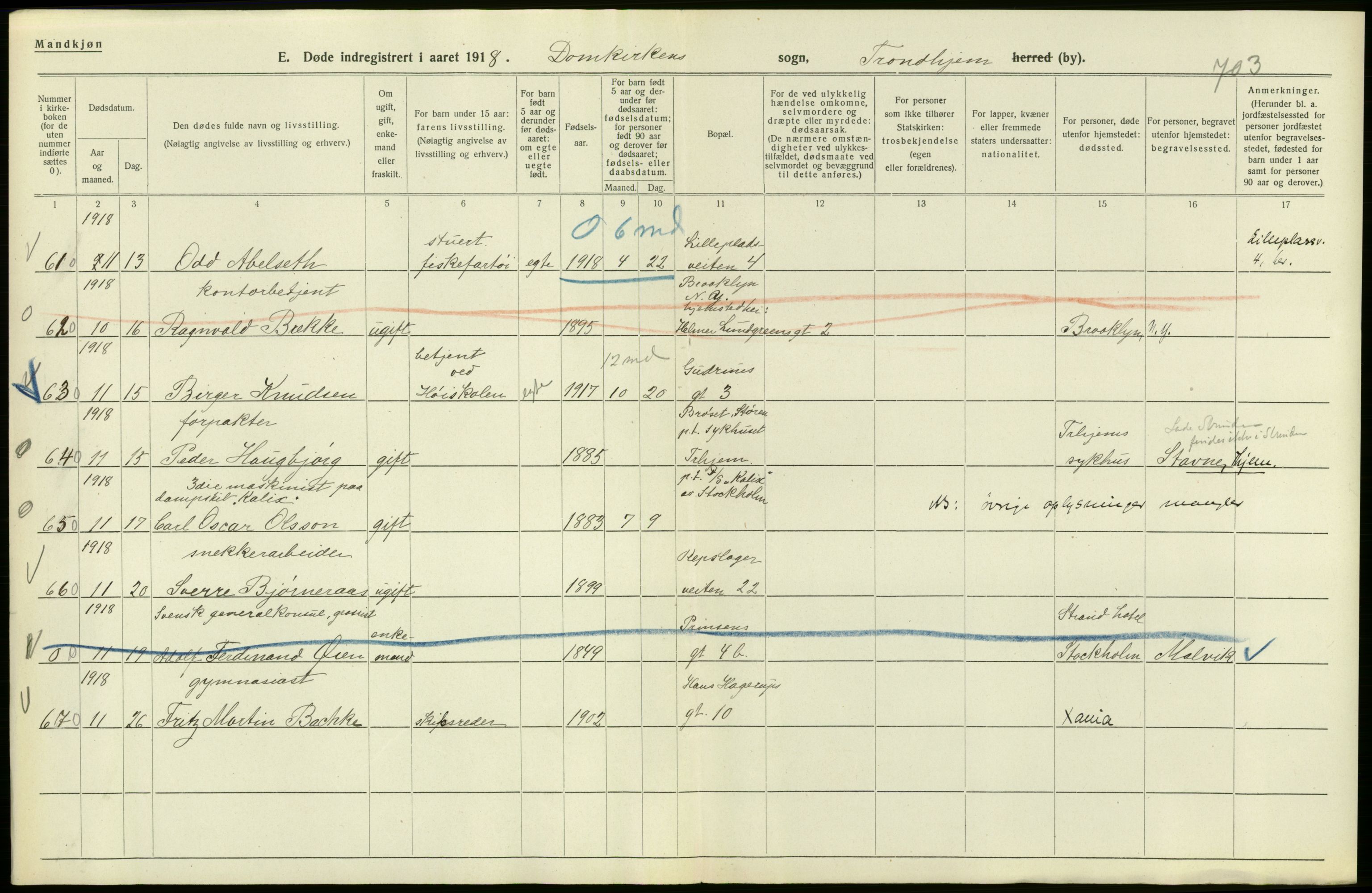 Statistisk sentralbyrå, Sosiodemografiske emner, Befolkning, AV/RA-S-2228/D/Df/Dfb/Dfbh/L0049: Trondheim: Døde, dødfødte., 1918, p. 28