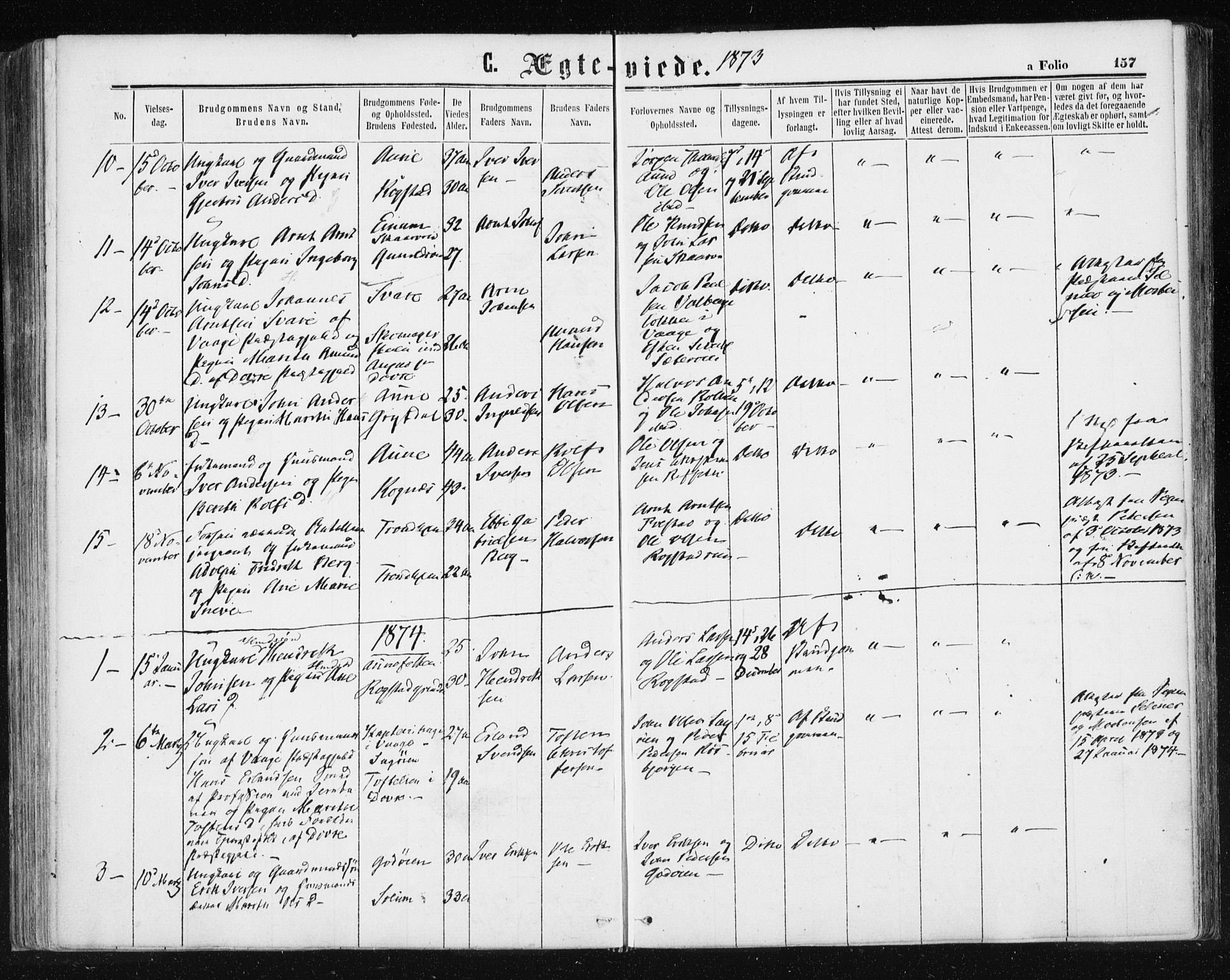 Ministerialprotokoller, klokkerbøker og fødselsregistre - Sør-Trøndelag, SAT/A-1456/687/L1001: Parish register (official) no. 687A07, 1863-1878, p. 157