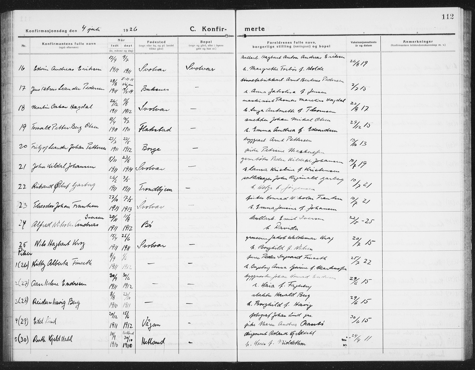 Ministerialprotokoller, klokkerbøker og fødselsregistre - Nordland, AV/SAT-A-1459/877/L1117: Parish register (copy) no. 877C01, 1923-1942, p. 112