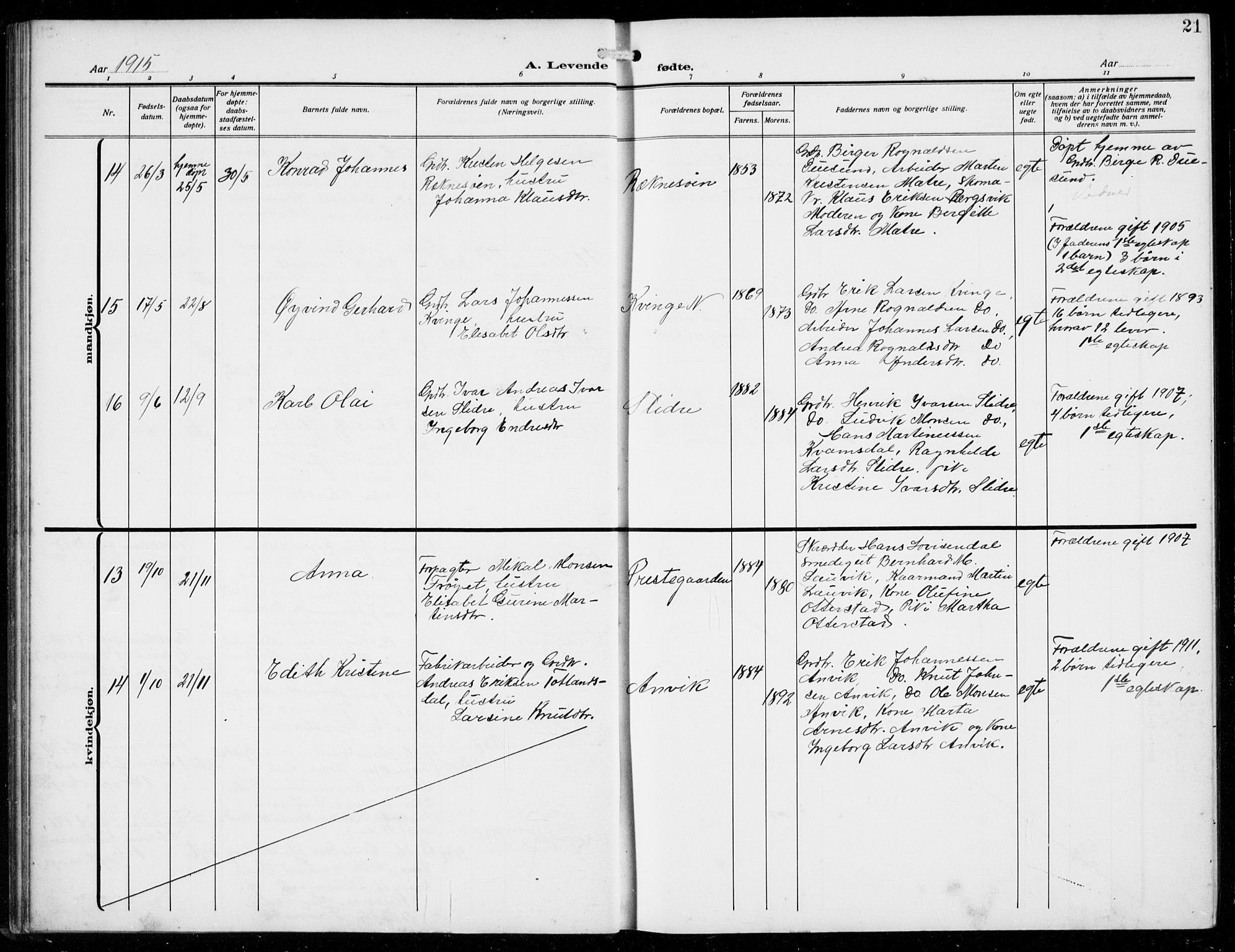 Masfjorden Sokneprestembete, AV/SAB-A-77001: Parish register (copy) no. B  2, 1912-1939, p. 21