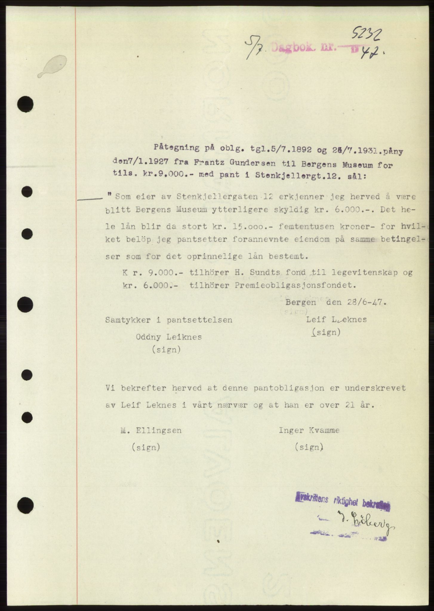 Byfogd og Byskriver i Bergen, AV/SAB-A-3401/03/03Bd/L0003: Mortgage book no. B29-39, 1947-1950, Diary no: : 5232/1947
