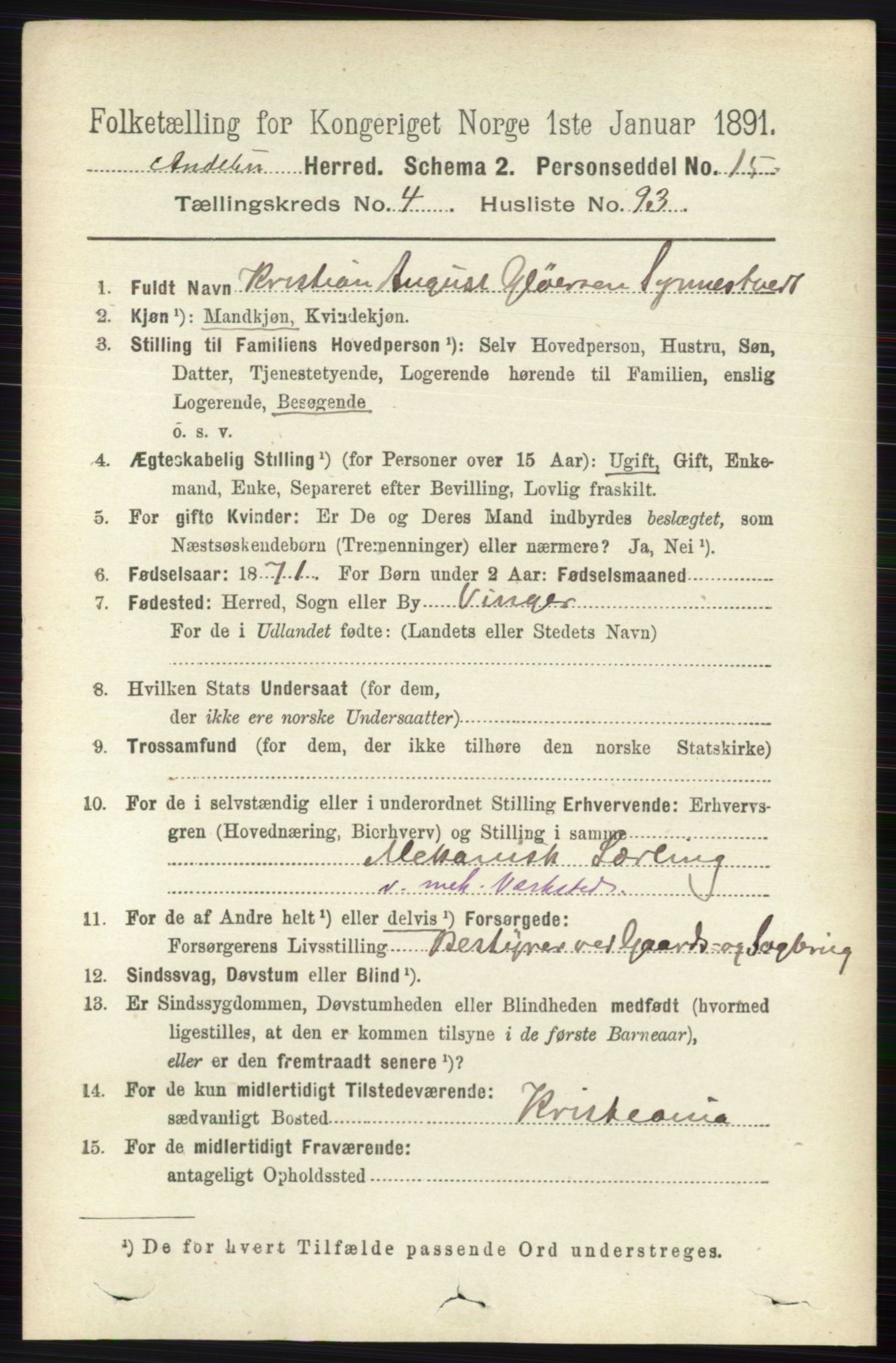 RA, 1891 census for 0719 Andebu, 1891, p. 2574