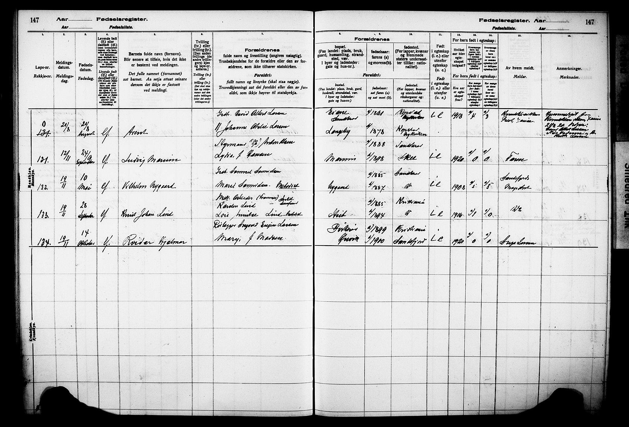 Sandar kirkebøker, AV/SAKO-A-243/J/Ja/L0001: Birth register no. 1, 1916-1922, p. 147