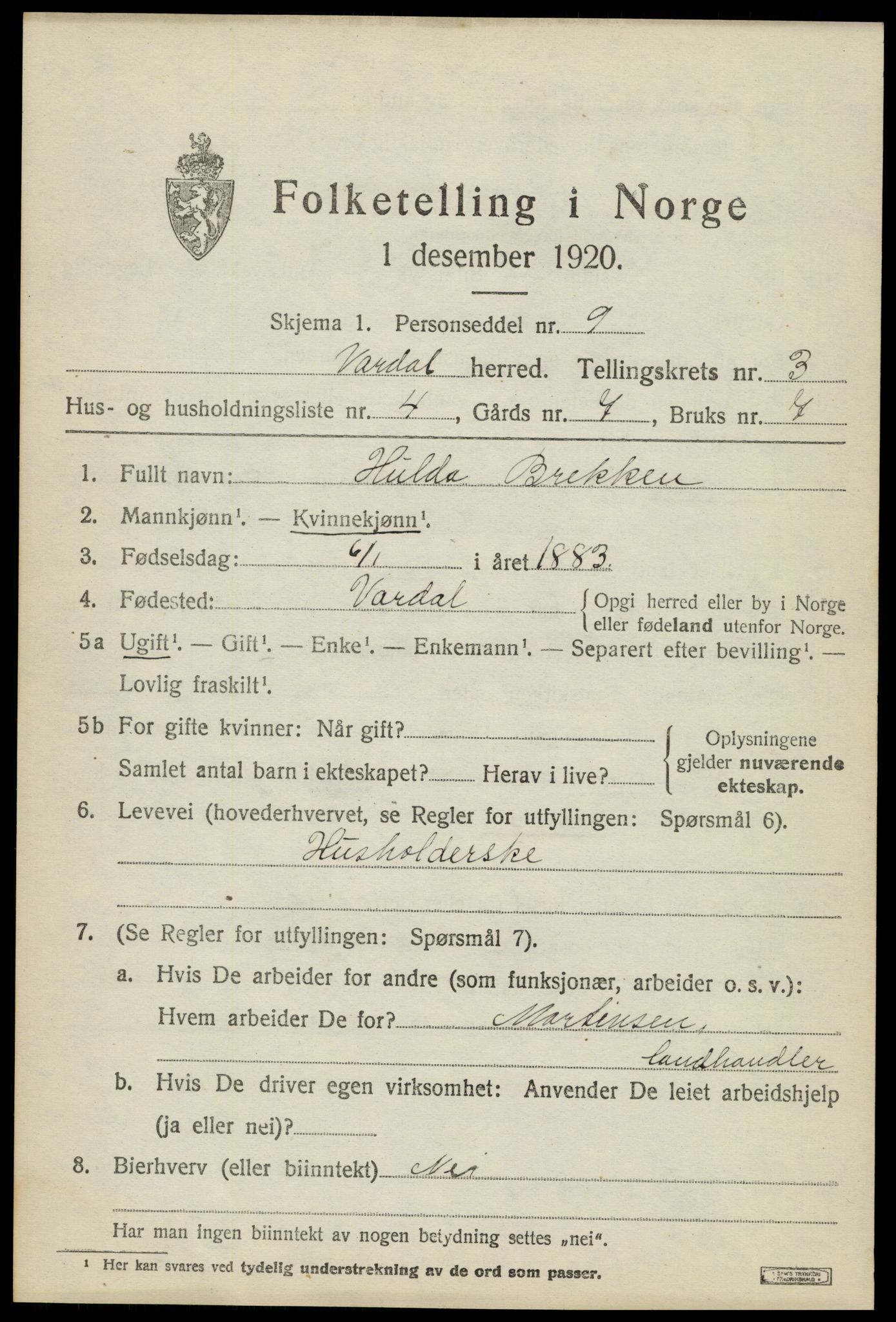 SAH, 1920 census for Vardal, 1920, p. 2717