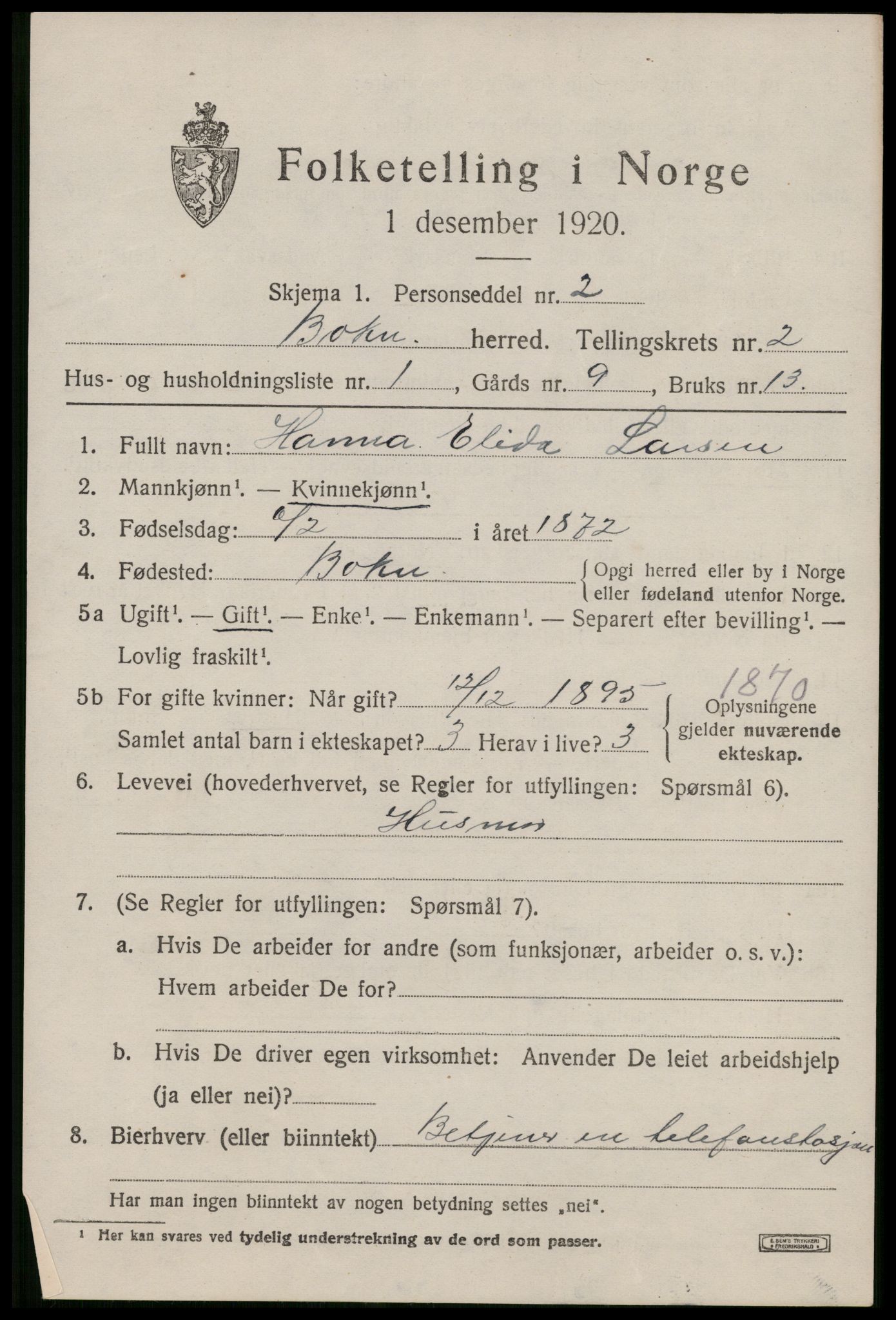 SAST, 1920 census for Bokn, 1920, p. 788