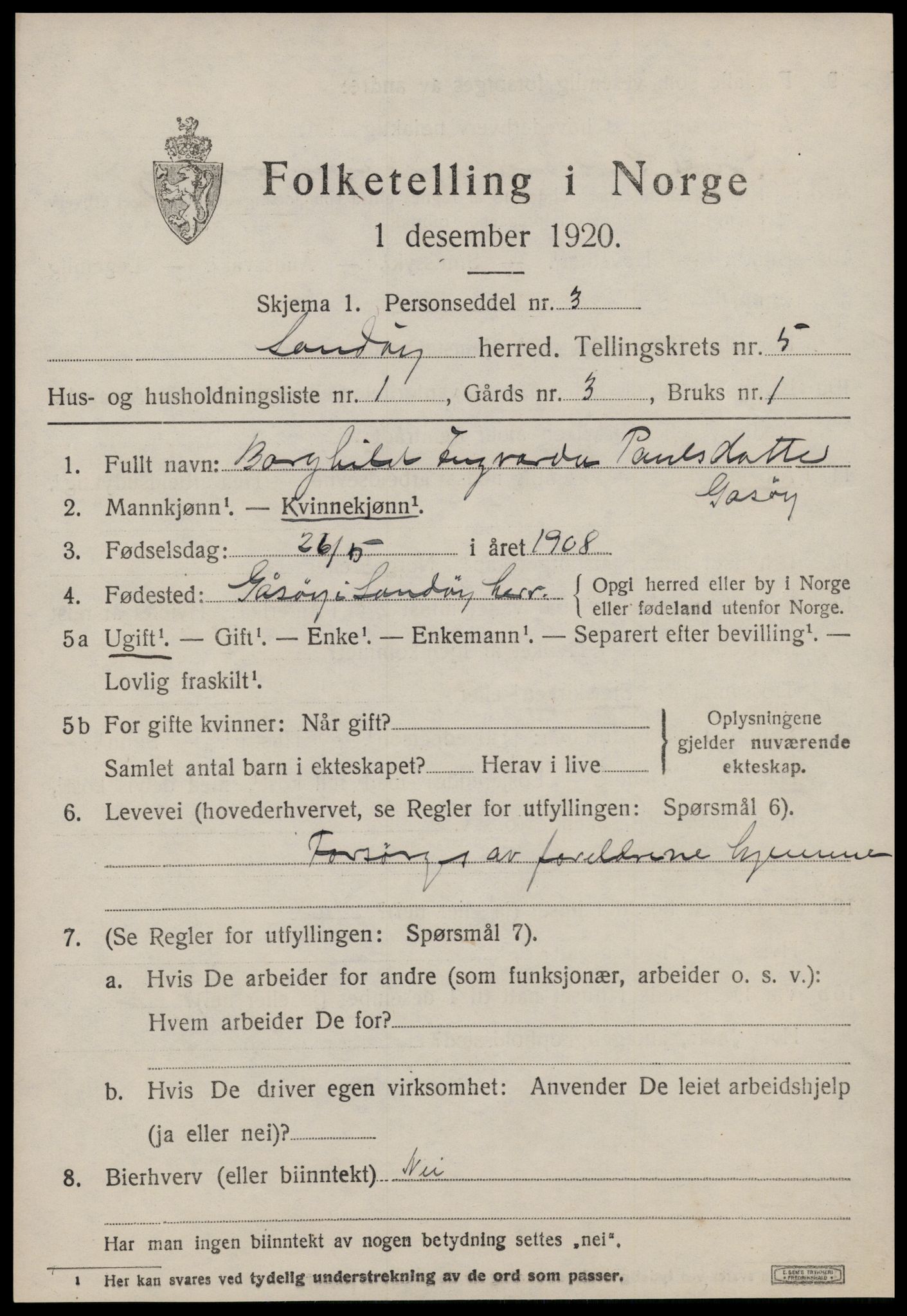 SAT, 1920 census for Sandøy, 1920, p. 1710