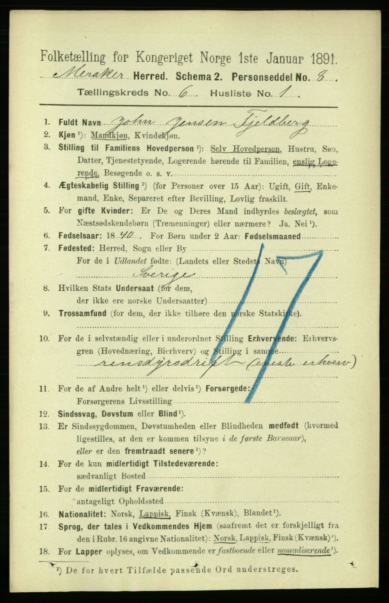 RA, 1891 census for 1711 Meråker, 1891, p. 2033