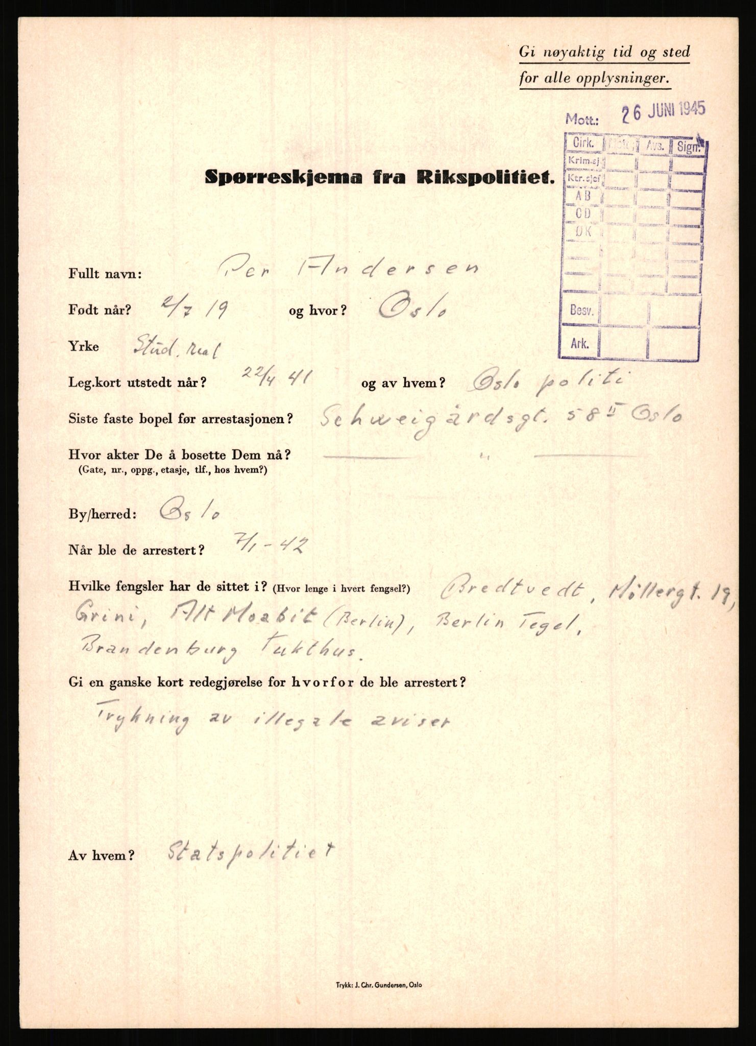 Rikspolitisjefen, AV/RA-S-1560/L/L0001: Abelseth, Rudolf - Berentsen, Odd, 1940-1945, p. 535