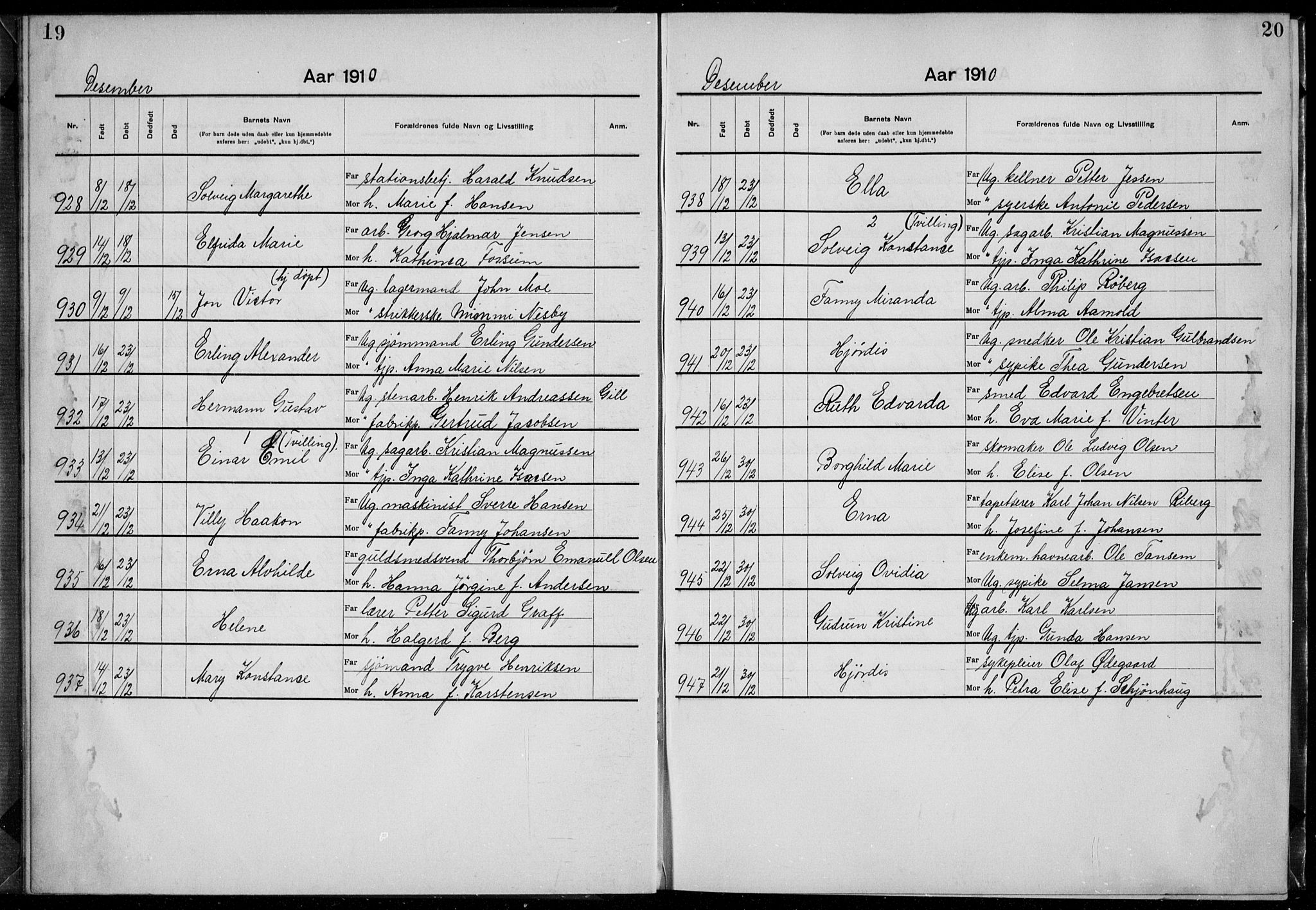 Rikshospitalet prestekontor Kirkebøker, AV/SAO-A-10309b/K/L0007/0001: Baptism register no. 7.1, 1910-1912, p. 19-20