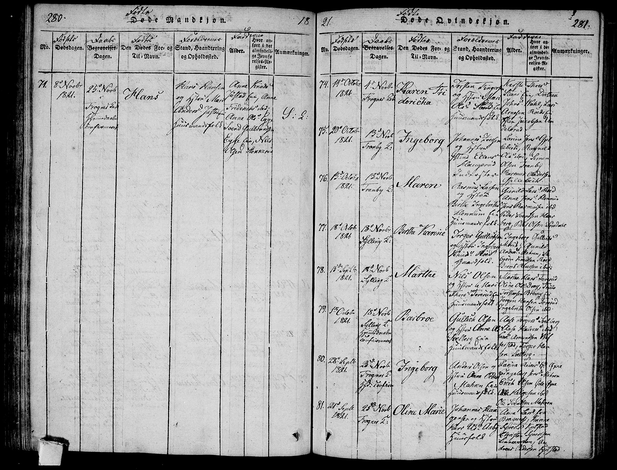 Lier kirkebøker, SAKO/A-230/F/Fa/L0008: Parish register (official) no. I 8, 1813-1825, p. 280-281