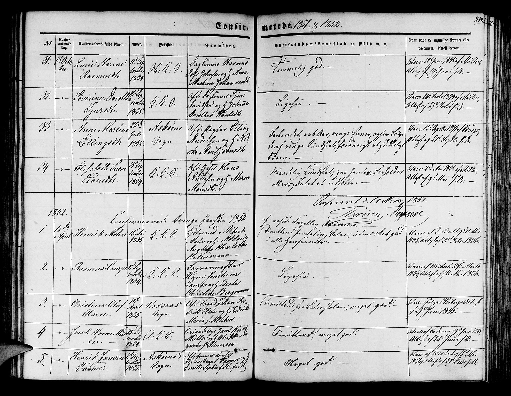 Korskirken sokneprestembete, SAB/A-76101/H/Hab: Parish register (copy) no. C 1, 1839-1868, p. 212