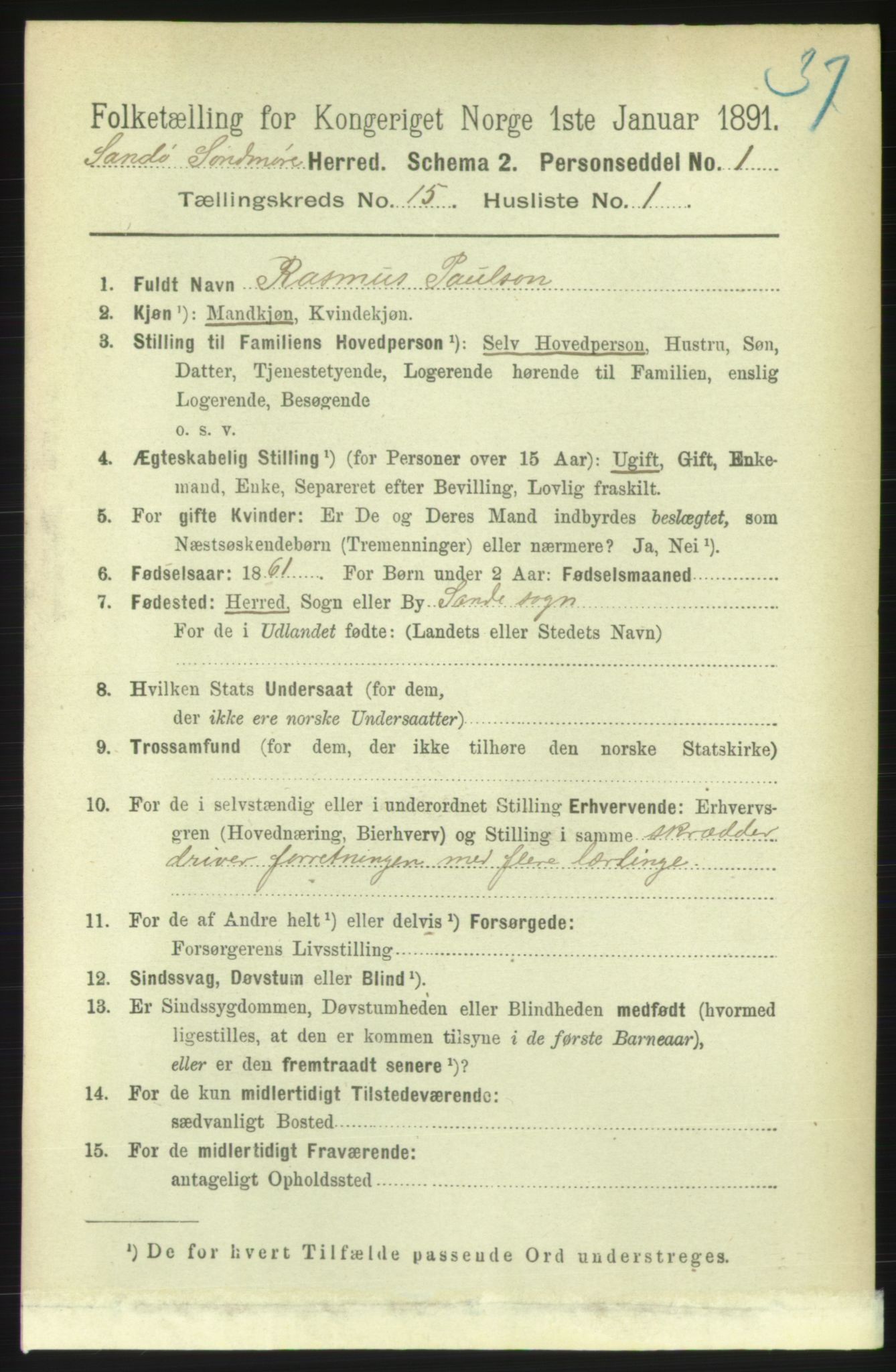 RA, 1891 census for 1514 Sande, 1891, p. 3014