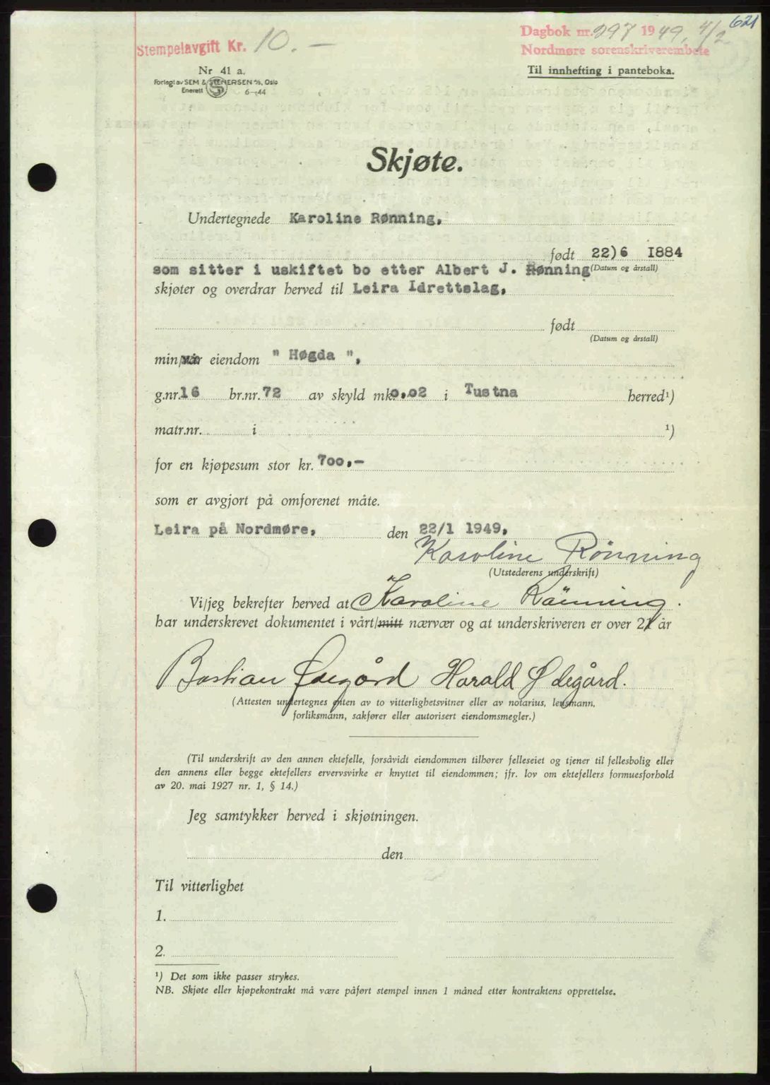 Nordmøre sorenskriveri, AV/SAT-A-4132/1/2/2Ca: Mortgage book no. A110, 1948-1949, Diary no: : 297/1949