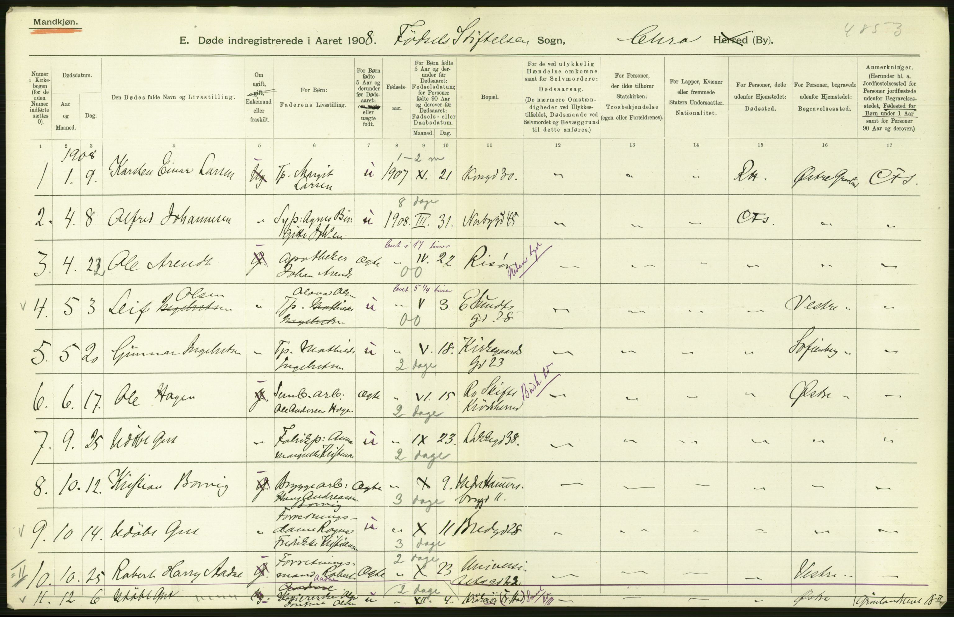 Statistisk sentralbyrå, Sosiodemografiske emner, Befolkning, AV/RA-S-2228/D/Df/Dfa/Dfaf/L0009: Kristiania: Døde, dødfødte., 1908, p. 150