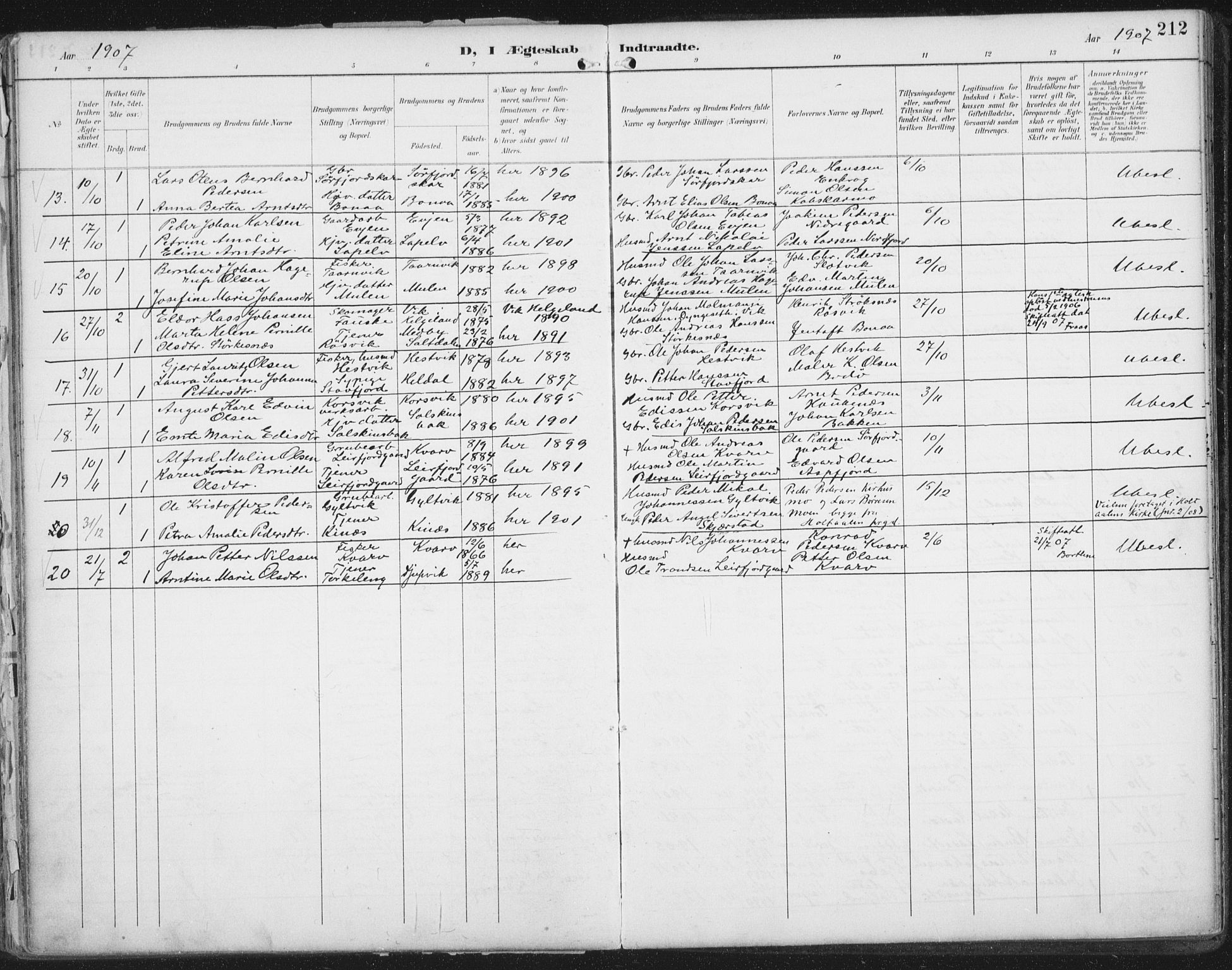 Ministerialprotokoller, klokkerbøker og fødselsregistre - Nordland, SAT/A-1459/854/L0779: Parish register (official) no. 854A02, 1892-1909, p. 212