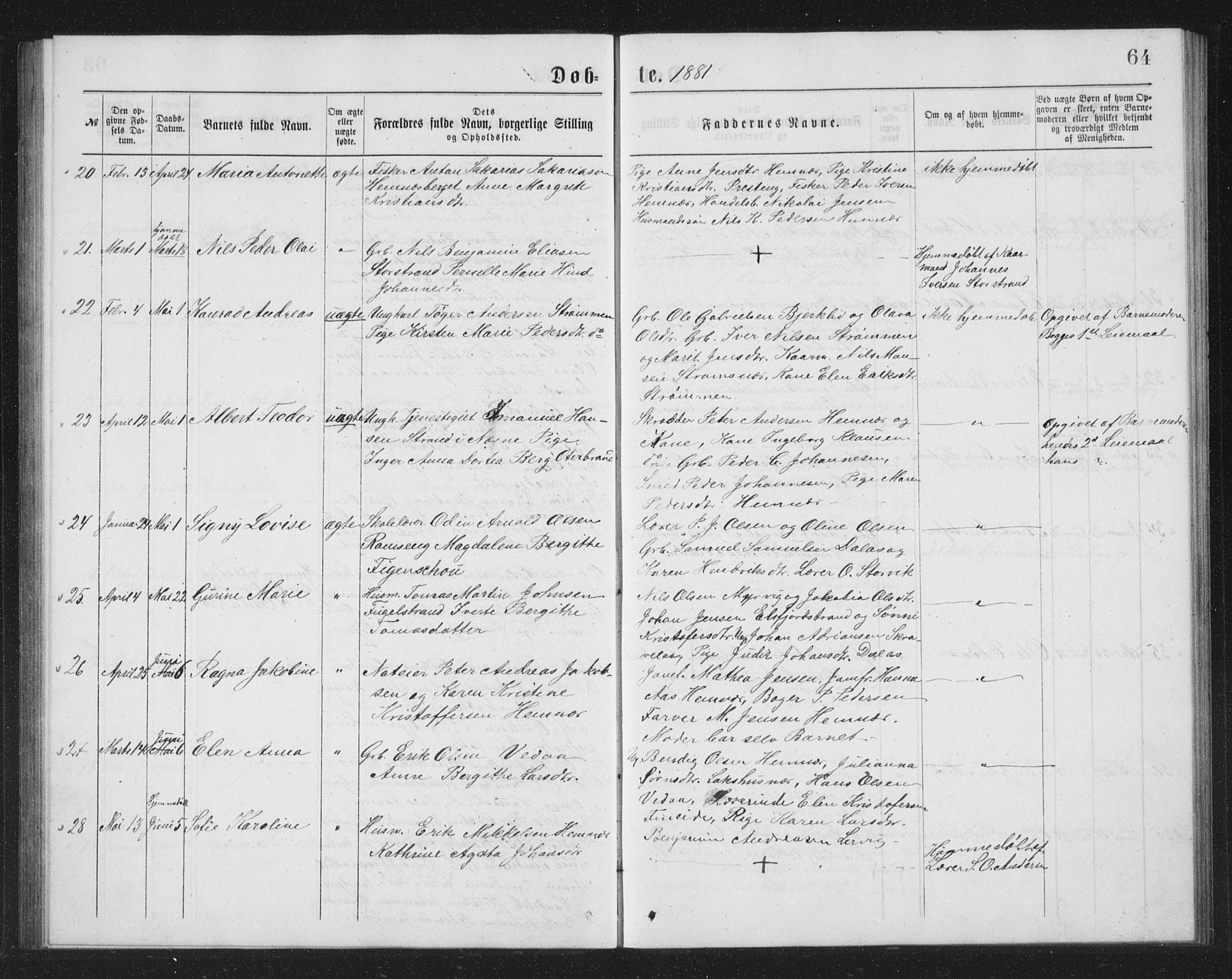 Ministerialprotokoller, klokkerbøker og fødselsregistre - Nordland, AV/SAT-A-1459/825/L0369: Parish register (copy) no. 825C06, 1873-1885, p. 64