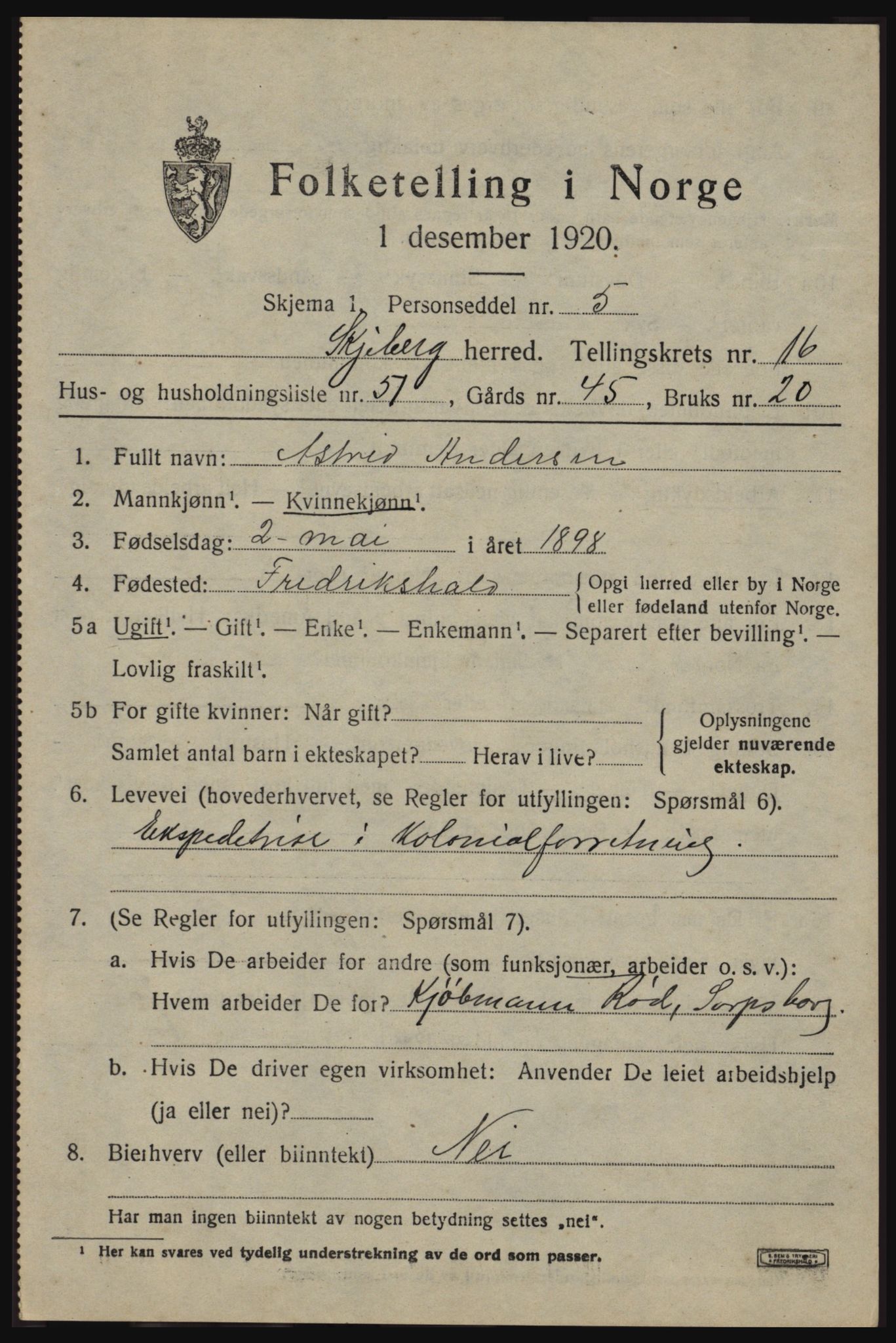 SAO, 1920 census for Skjeberg, 1920, p. 15595