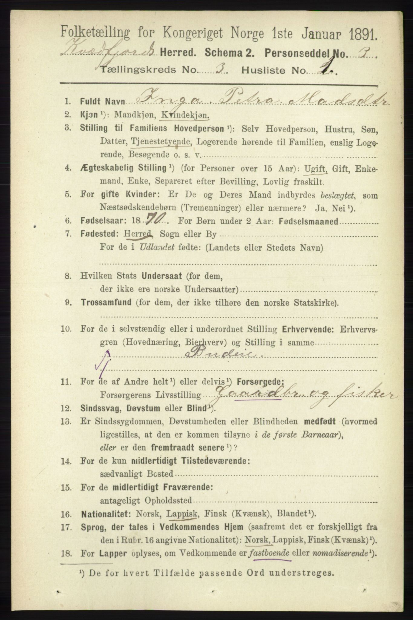 RA, 1891 census for 1911 Kvæfjord, 1891, p. 1303