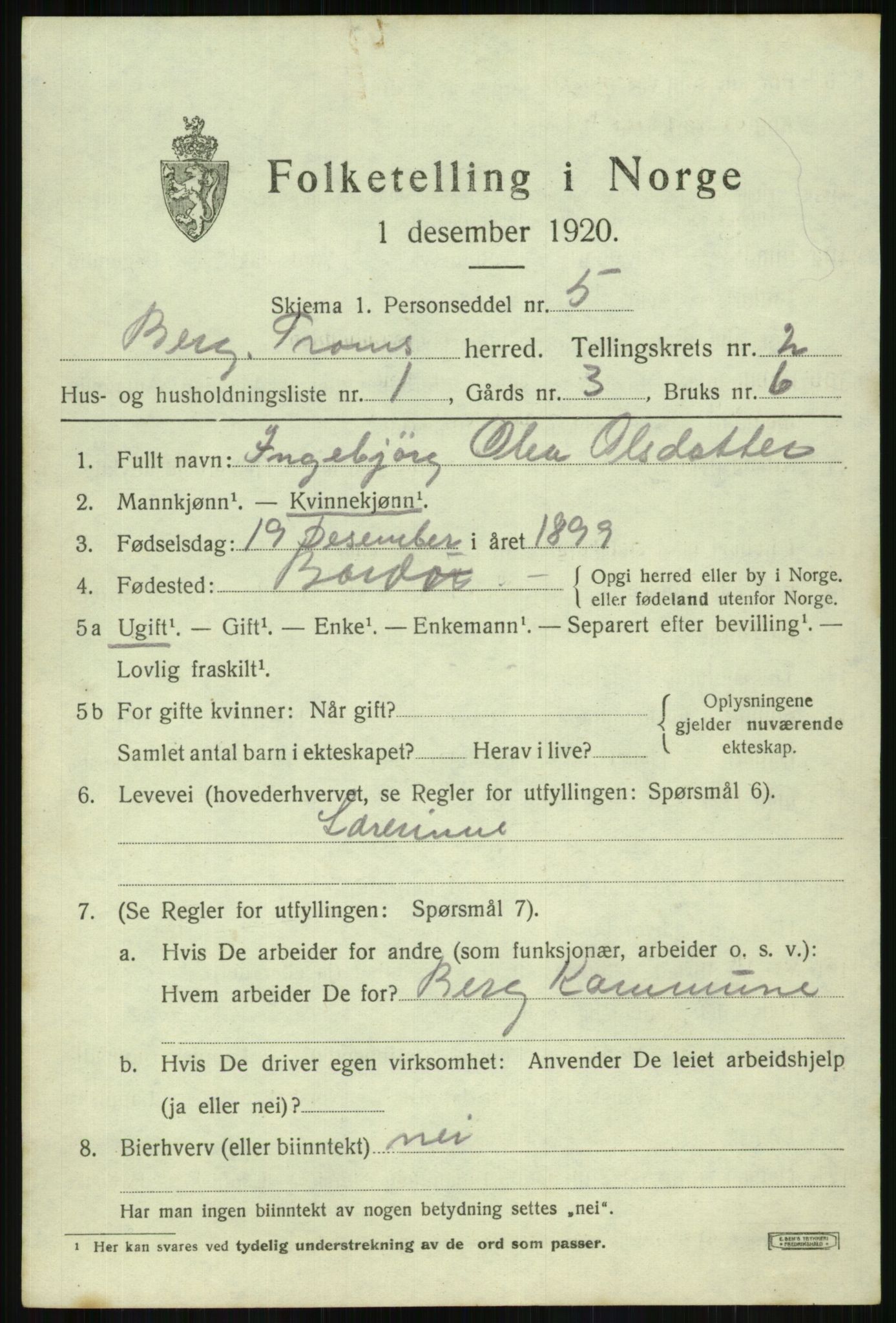 SATØ, 1920 census for Berg, 1920, p. 831