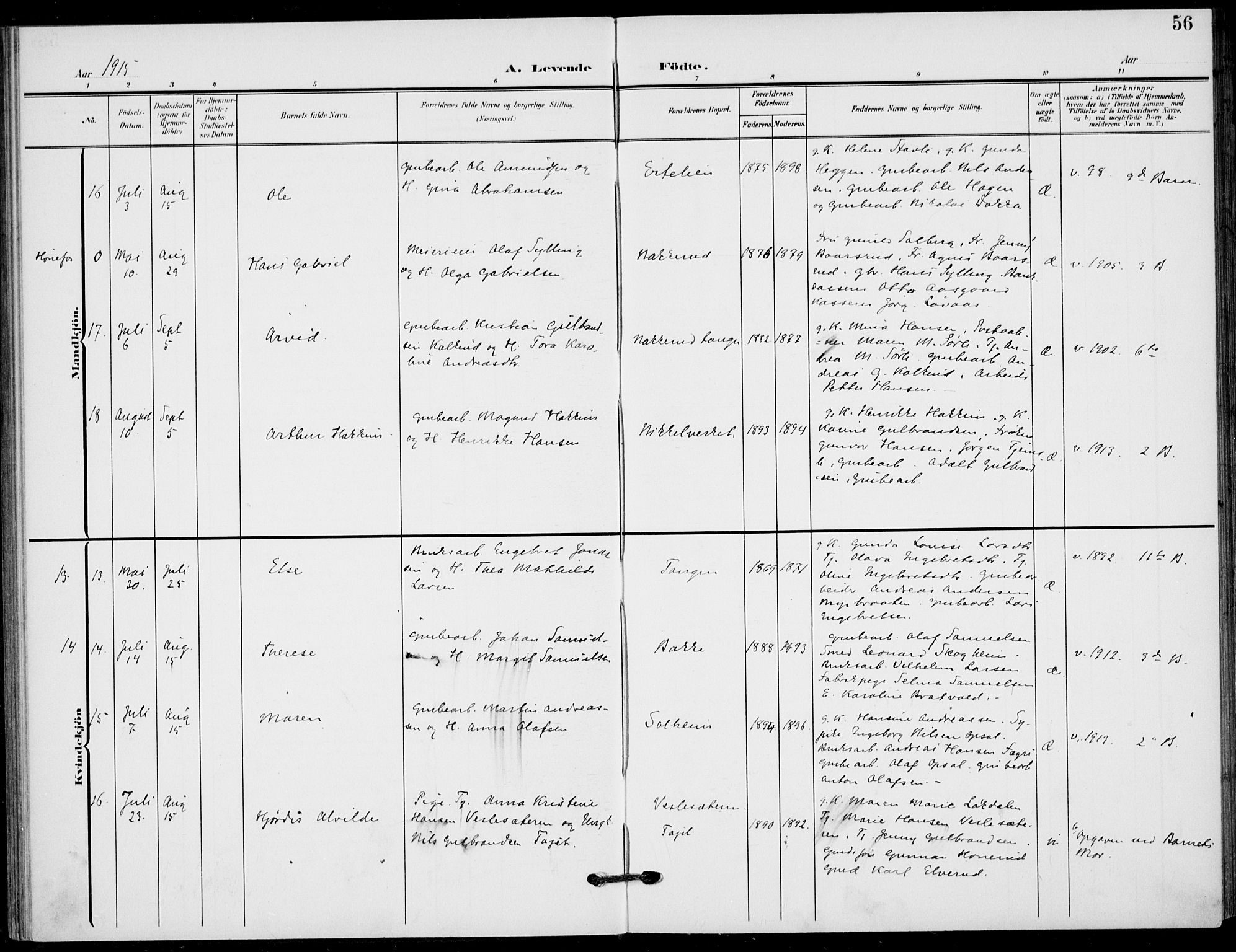 Hole kirkebøker, SAKO/A-228/F/Fb/L0003: Parish register (official) no. II 3, 1906-1916, p. 56