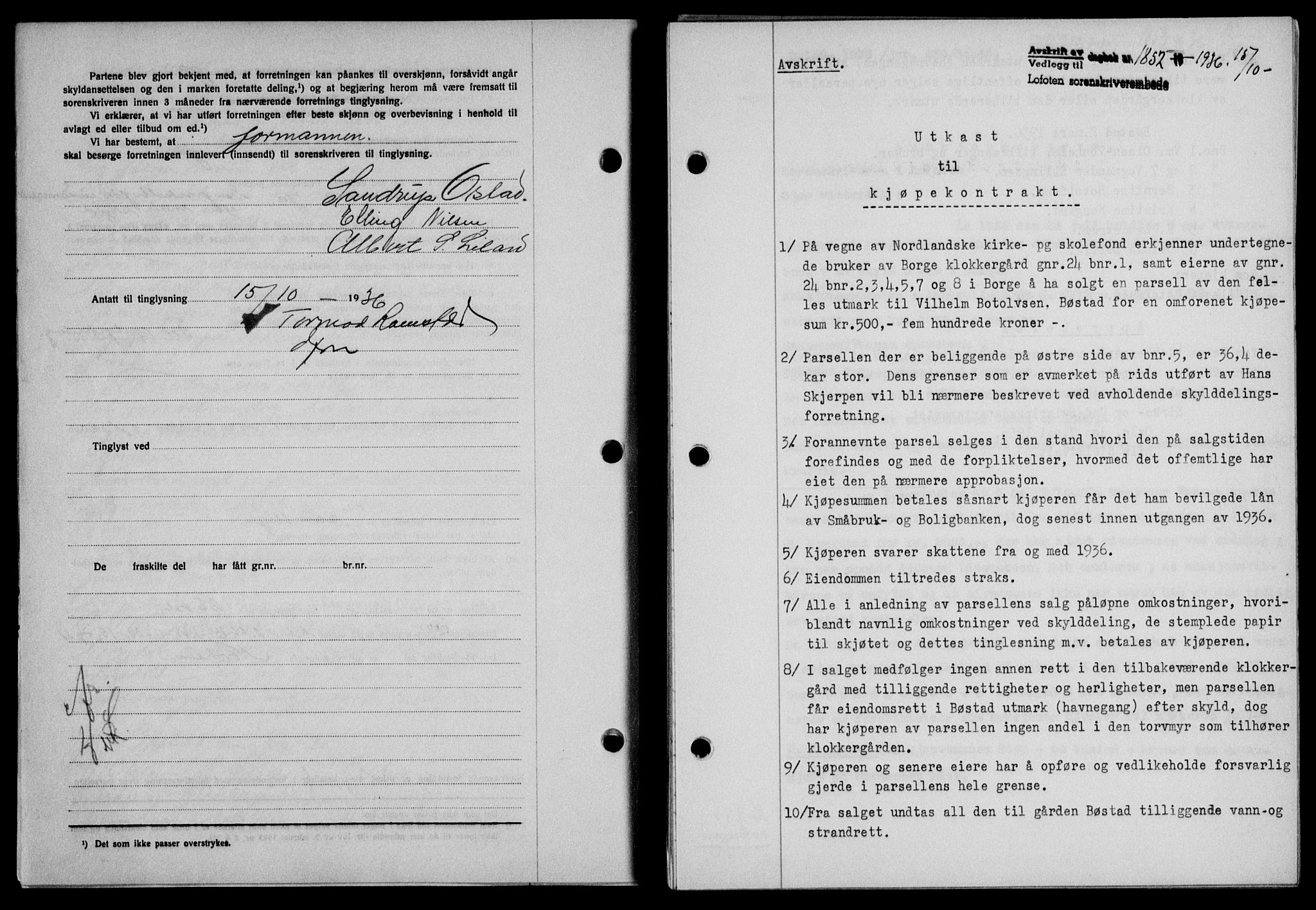 Lofoten sorenskriveri, SAT/A-0017/1/2/2C/L0001a: Mortgage book no. 1a, 1936-1937, Diary no: : 1852/1936