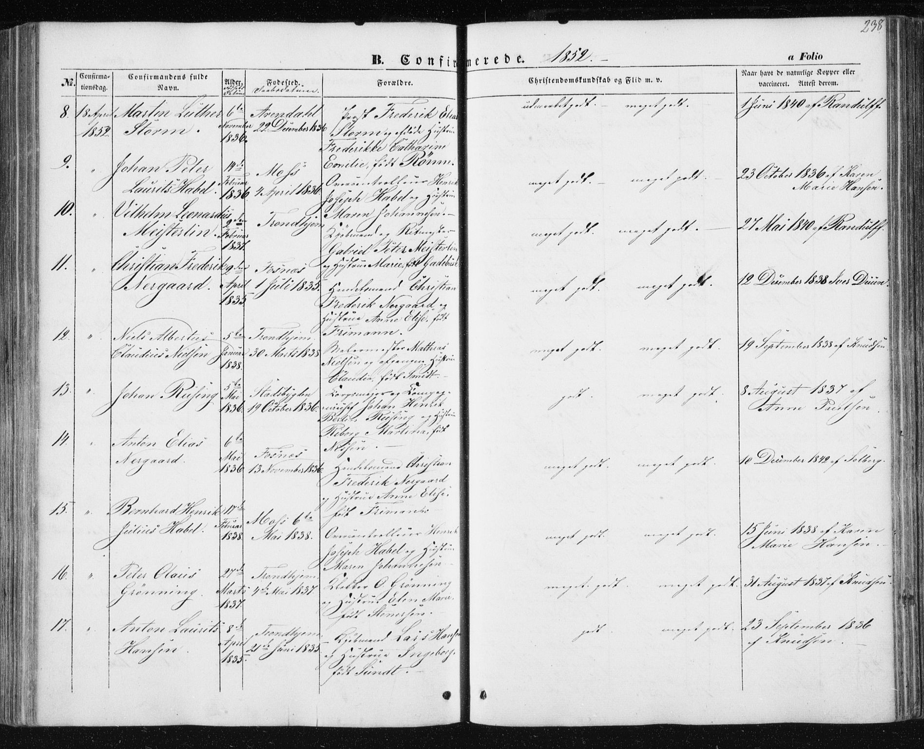 Ministerialprotokoller, klokkerbøker og fødselsregistre - Sør-Trøndelag, AV/SAT-A-1456/602/L0112: Parish register (official) no. 602A10, 1848-1859, p. 238