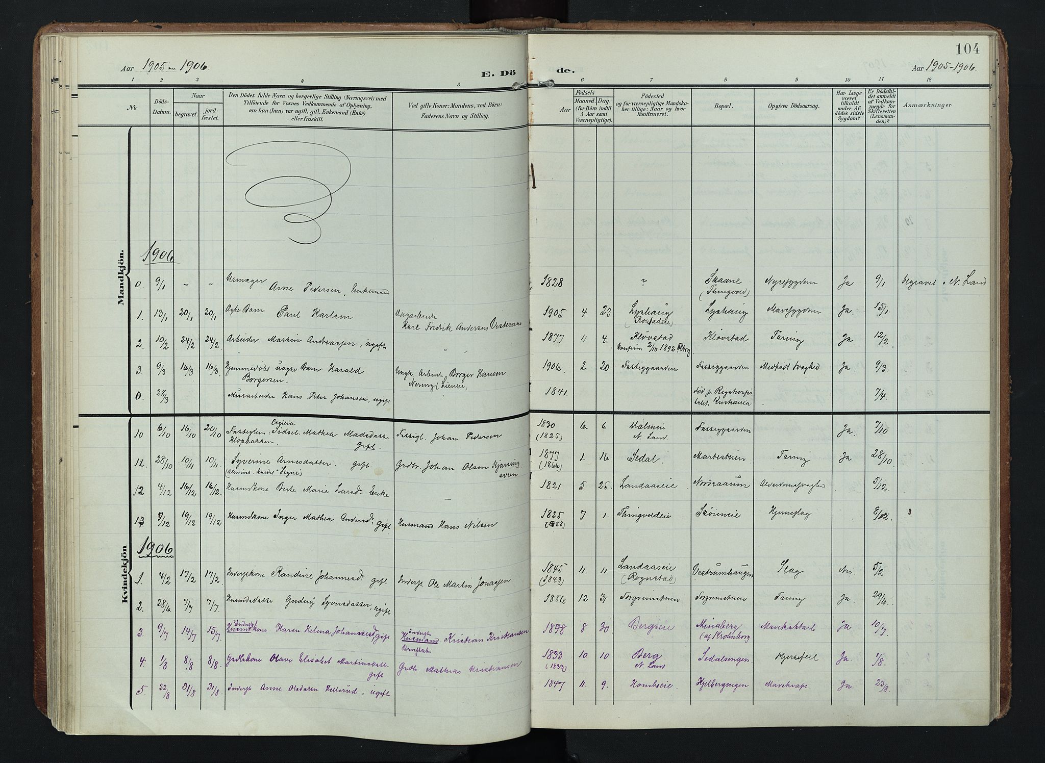 Søndre Land prestekontor, SAH/PREST-122/K/L0005: Parish register (official) no. 5, 1905-1914, p. 104