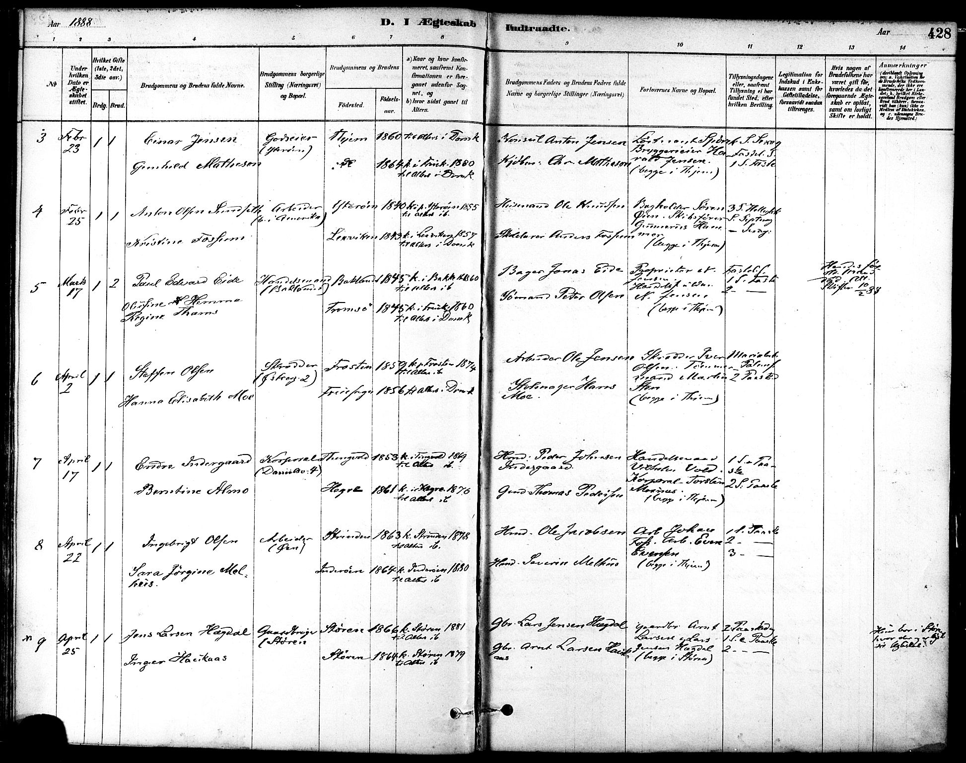 Ministerialprotokoller, klokkerbøker og fødselsregistre - Sør-Trøndelag, SAT/A-1456/601/L0058: Parish register (official) no. 601A26, 1877-1891, p. 428