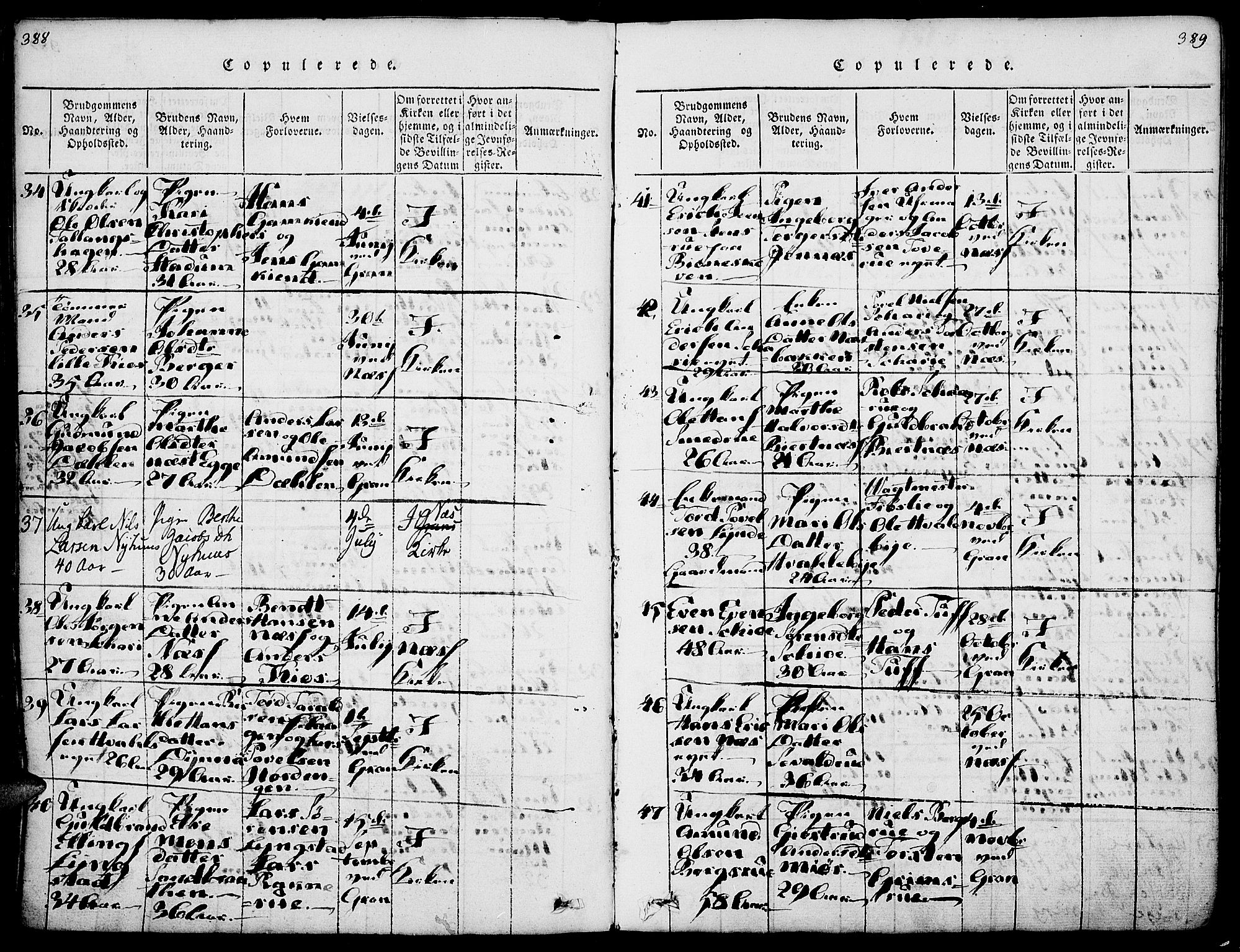 Gran prestekontor, SAH/PREST-112/H/Ha/Haa/L0009: Parish register (official) no. 9, 1815-1824, p. 388-389