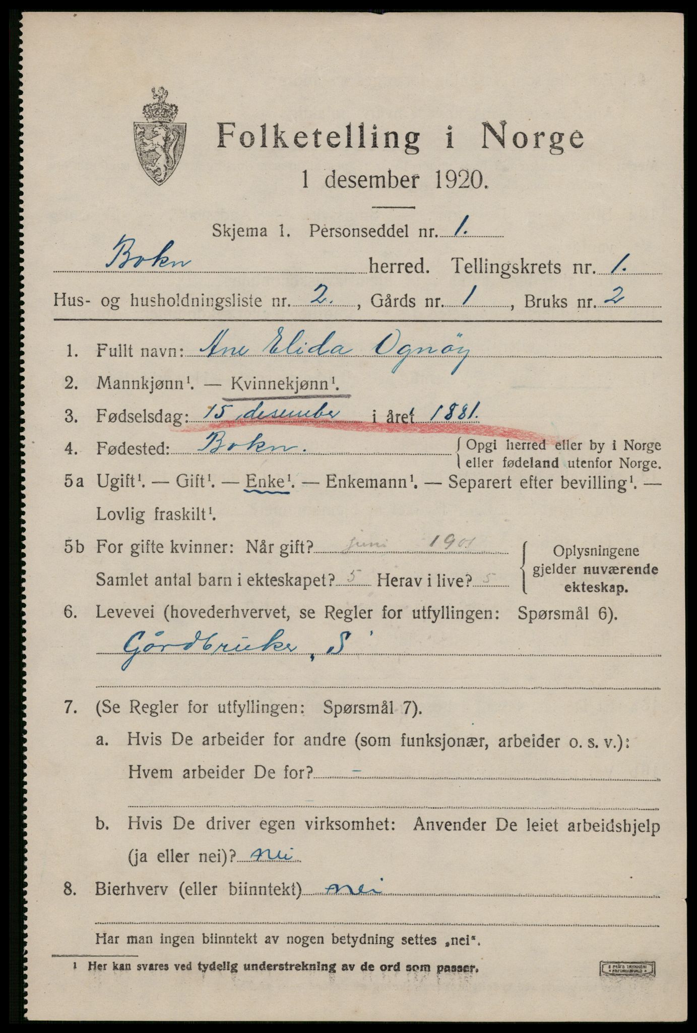 SAST, 1920 census for Bokn, 1920, p. 344