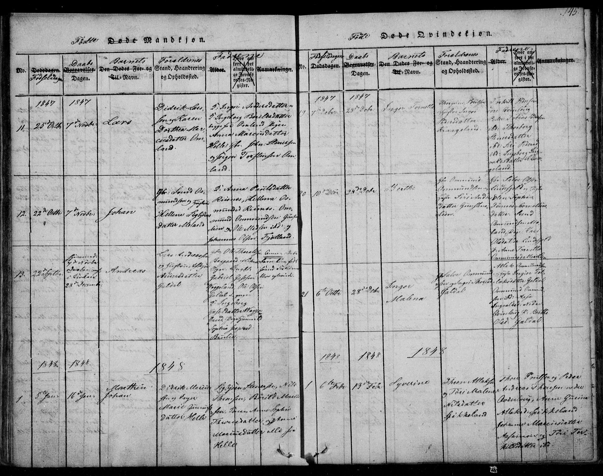 Fjotland sokneprestkontor, AV/SAK-1111-0010/F/Fb/L0001: Parish register (copy) no. B 1, 1816-1849, p. 145