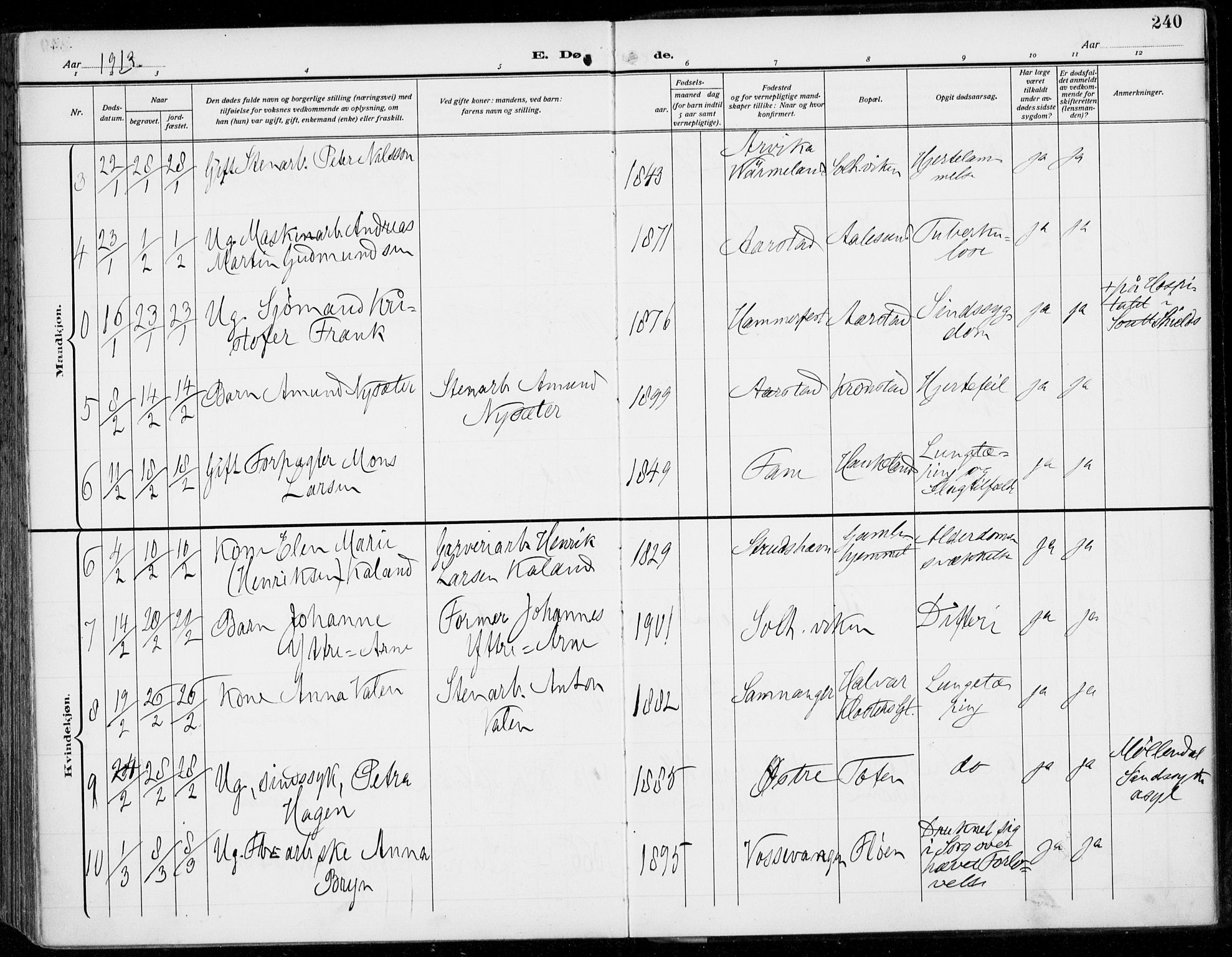 Årstad Sokneprestembete, AV/SAB-A-79301/H/Haa/L0009: Parish register (official) no. C 1, 1902-1918, p. 240